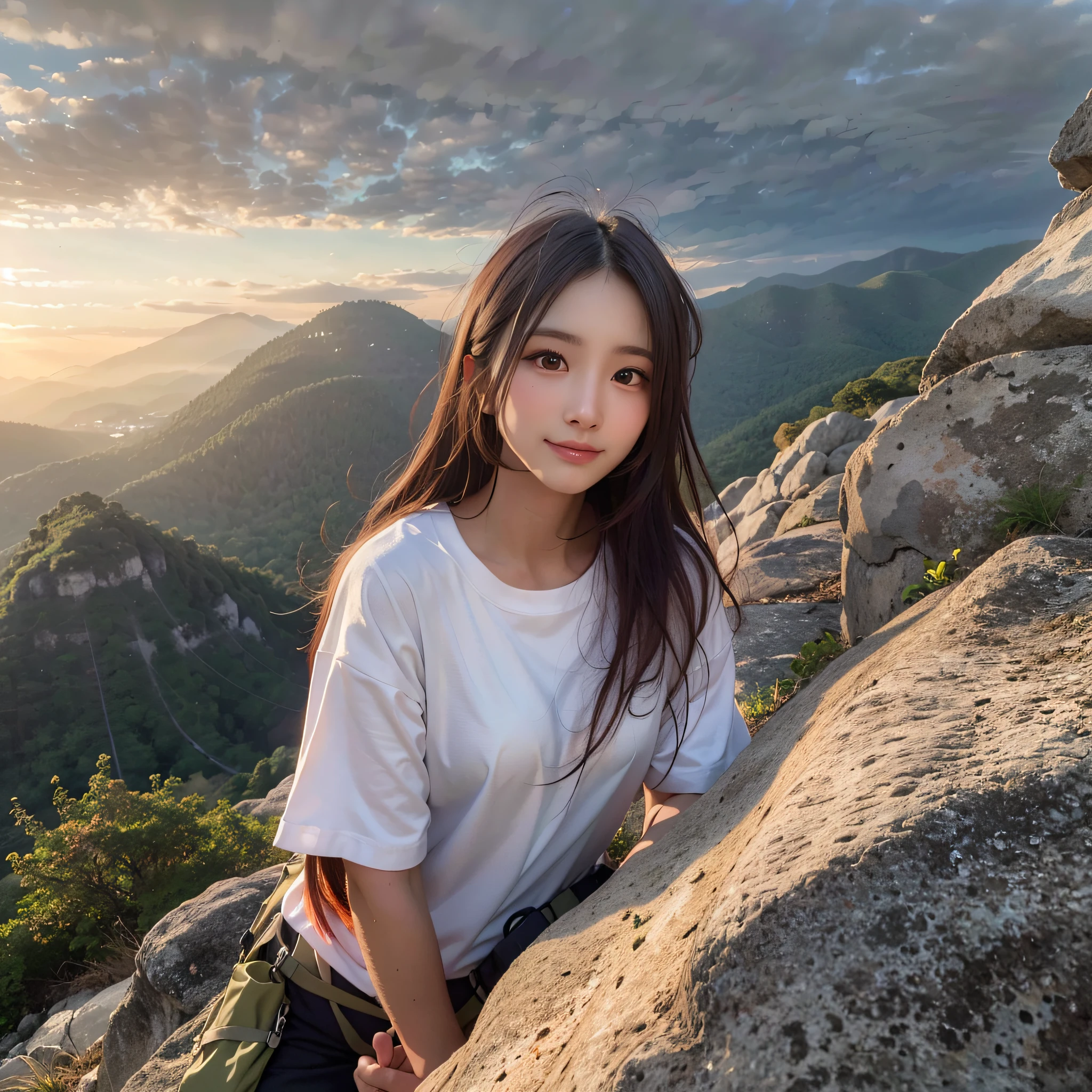 Naturescape photography, (Best Quality, hyper realistic:1.2), (Very detailed scenery), crepuscular rays, Magnificent mountain, sea of clouds, On a very high mountain peak, A clear sky, Fantastical, A woman watching the sunset, ((upper body)), (white t-shirts, Trekking shorts, trekking boots, rucksack), (ultra delicate face, ultra Beautiful fece, ultra delicate eyes, ultra detailed nose, ultra detailed mouth, ultra detailed facial features), Beautie, 18year old, Shy smile, Realistic body, Sitting on a rock