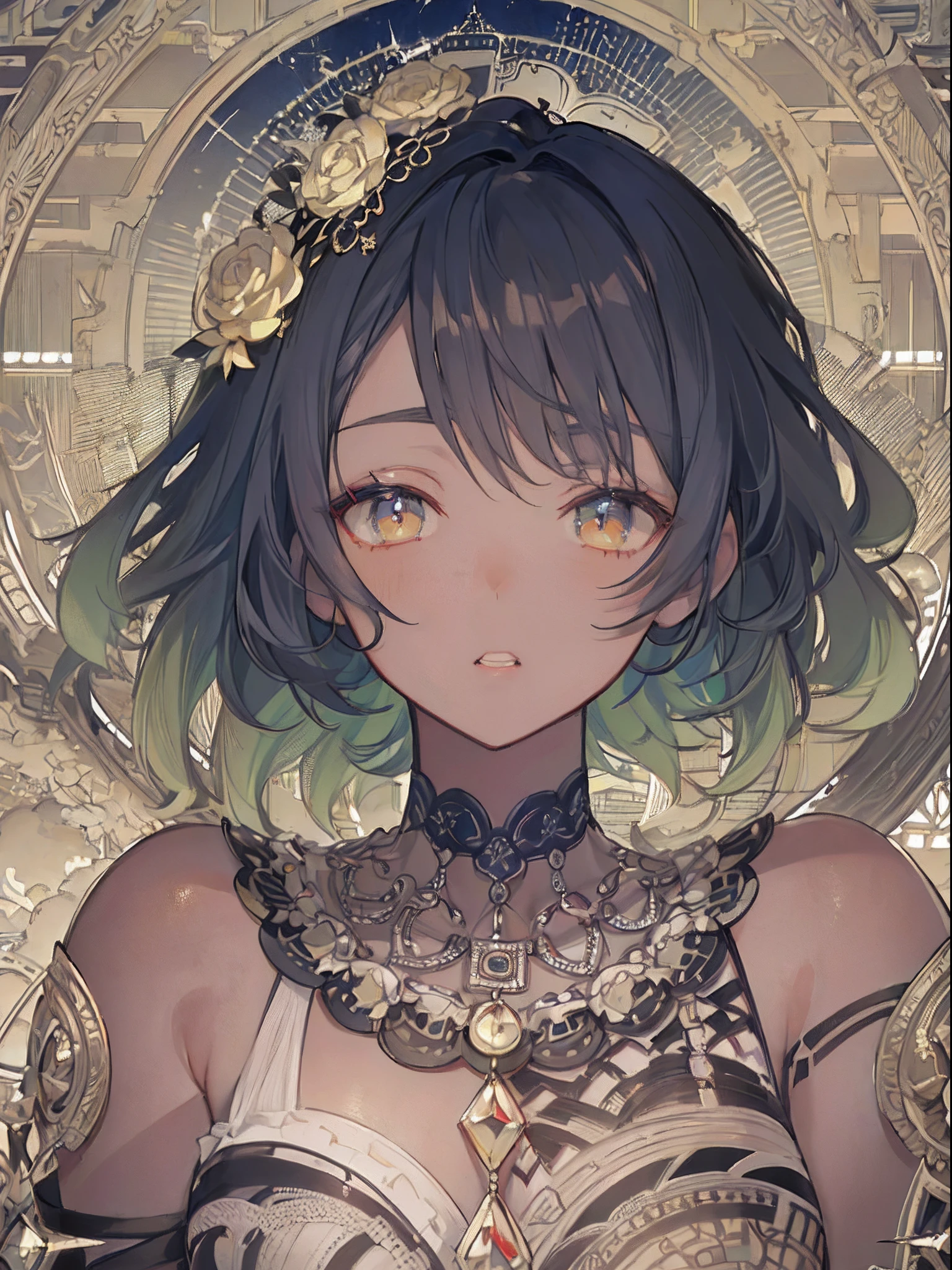 (masterpiece、top-quality、top-quality、afrocentricpaiting(afro)、african-american completion Official Art、Beautifully Aesthetic dark skin:1.2)、(1girl in:1.3)、(Fractal art:1.3)、full body、looking at the viewers、patterns、(rainbow-colored hair、colourful hair、african ink、clouds、starrysky、stele、Rough kanji、