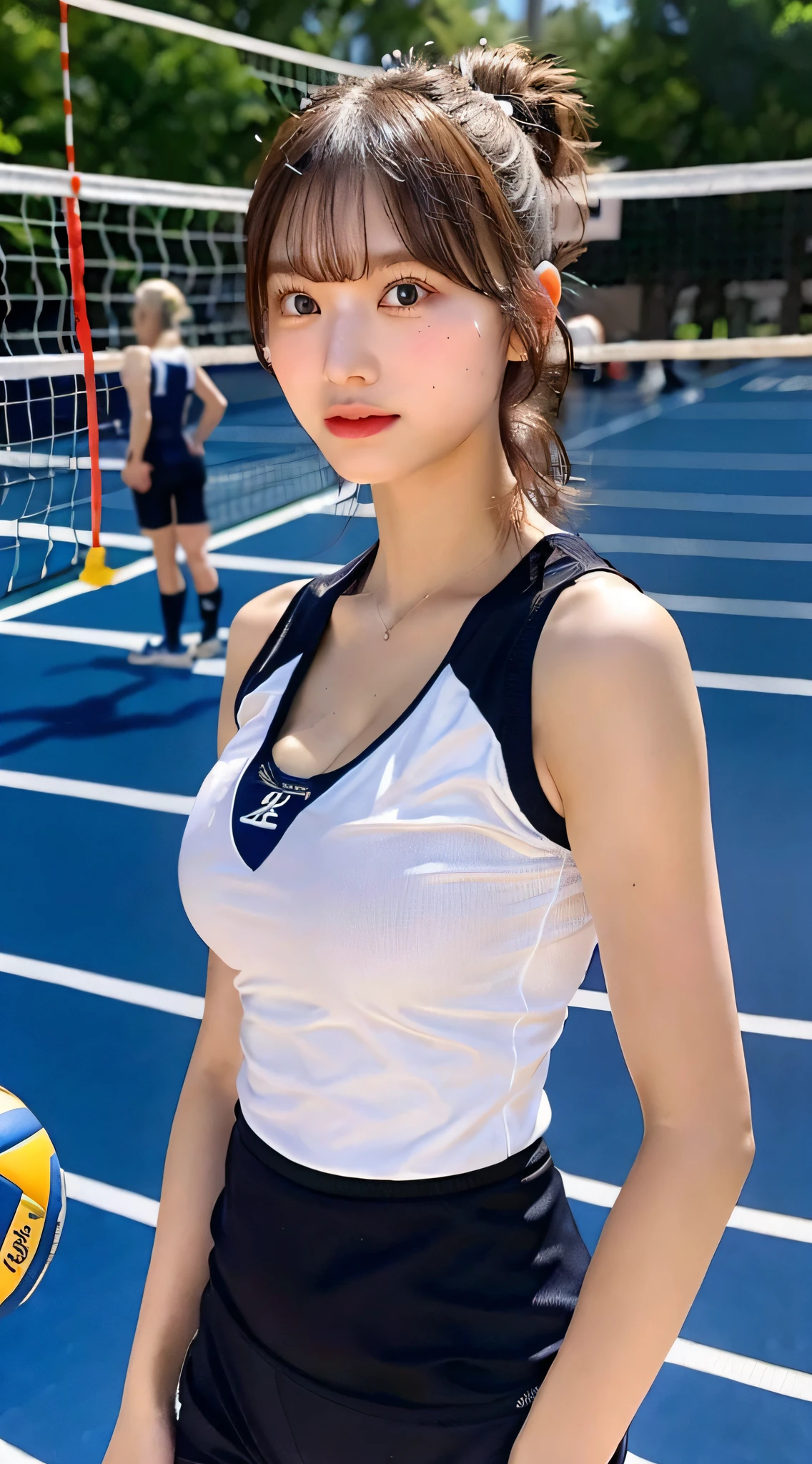 8k, RAW Photos, highest quality, masterpiece, Realistic, Photorealistic, (1 Ultimate beauty), 18 years old, Highly detailed face, (Perfect Teeth), Detailed eyes, double eyelid, eyelash, Grin, Lip details, brunette bob, small Breasts, ((sky-blue volleyball uniforms)), ((red small running bras))Soft Light, ((Written boundary depth)) 、Shot in the back、Total、Stick your butt out、With legs open、Slender body、Inverted nipples, volleyball coat,