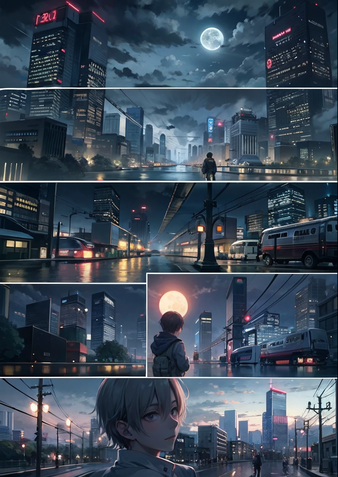 1boy, arms folded、vests、full body shot of、The beginning of the adventure、Very dark sky、Lots of clouds,dense fog、large moon,future、dystopian、A group of very tall skyscrapers stands in the center、High brightness radio tower、Crowded skyscrapers、Signs、the street lights、taxis、the bus、Train、Fairly dim lighting、The Dark Road、Puddles、high high quality、masutepiece,8K,