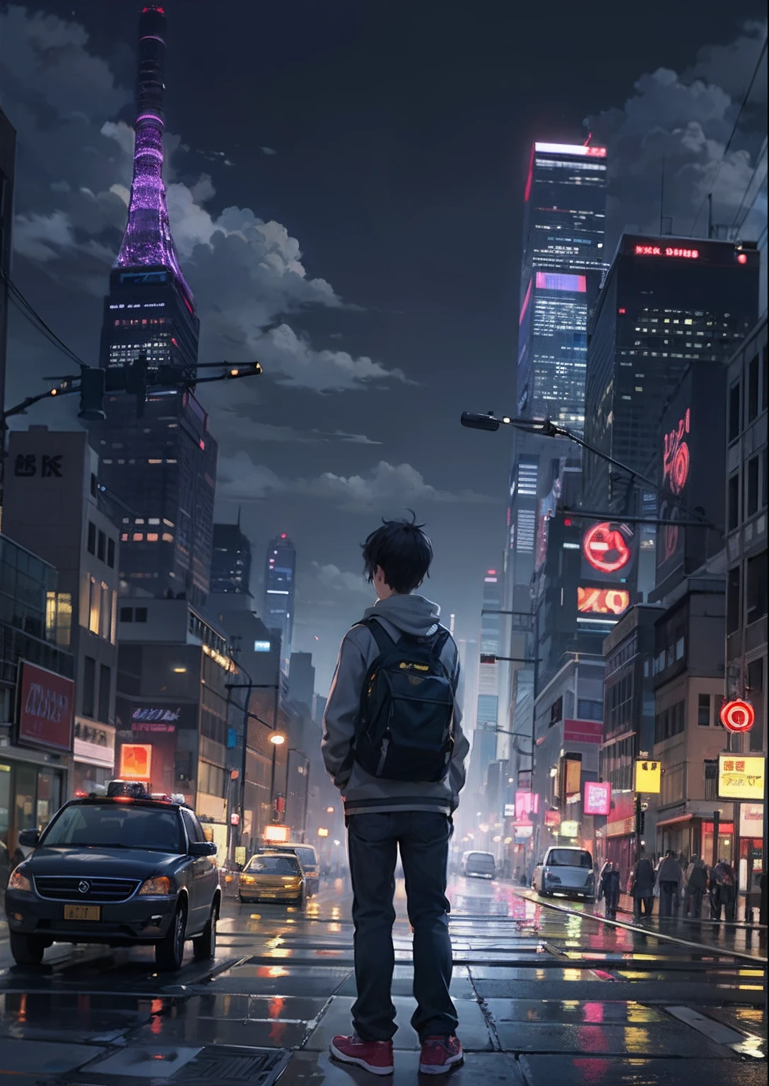 1boy, arms folded、vests、full body shot of、The beginning of the adventure、Very dark sky、Lots of clouds,dense fog、large moon,future、dystopian、A group of very tall skyscrapers stands in the center、High brightness radio tower、Crowded skyscrapers、Signs、the street lights、taxis、the bus、Train、Fairly dim lighting、The Dark Road、Puddles、high high quality、masutepiece,8K,