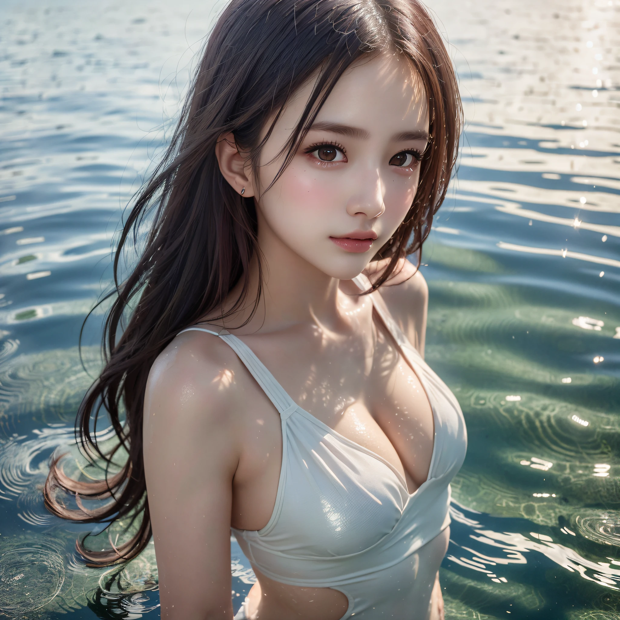 (MASTERPIECE:1.2),(REALISTIC:1.5),(POST PROCESSING:1.3),(SHARP FOCUS:1.3), 1girl, ((UPPER BODY)), (Swimming suit), (shiny skin), Beach, (high shadows detail) , is standing, selfee, Lake in shallow water, standing