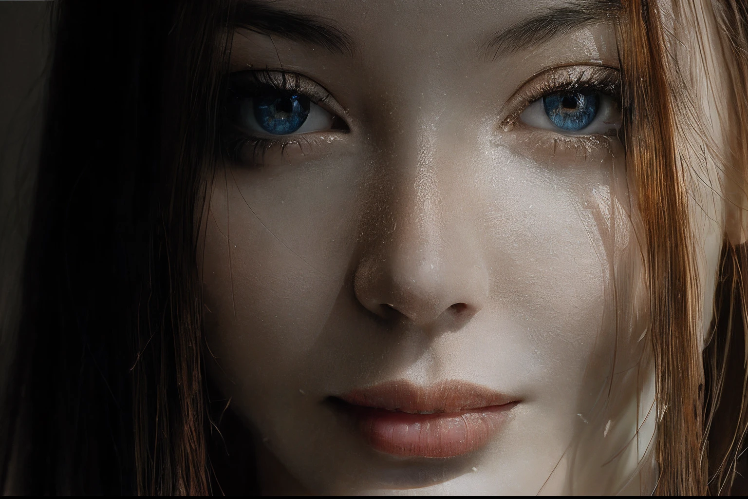 Beautiful girl with beautiful eyes, wet face with raindrops