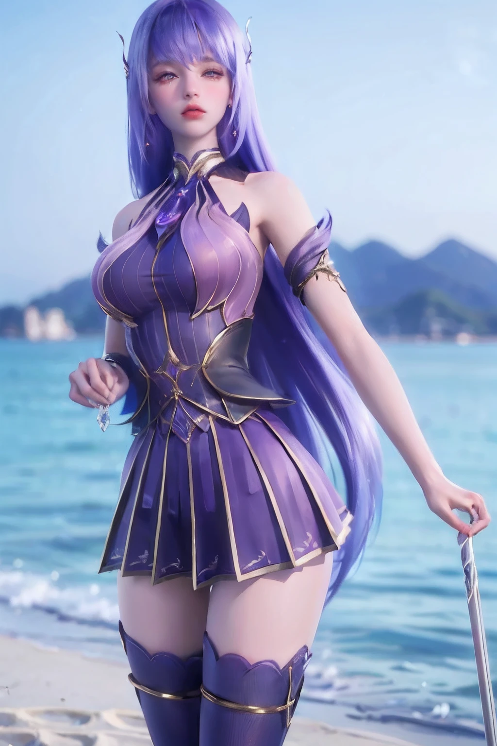 Purple hair anime girl with purple metallic armor, 16 anos, corpo bonito, seios grandes, postura de luta, postura de combate, garota sexy, purple hair with braid, beautiful lighting, sombras suaves, olhos azuis, pernas bonitas, estilo anime, personagem shampoo, Autora Rumiko Takahashi, Baseado em obra de Rumiko Takahashi, Anime Ranma 1/ 2, decote sexy, quadril robusto, corpo inteiro, corpo completo, busto grande, garota jovem com corpo belo e bonito, garota 16 anos jovem baixa estatura, purple metallic armor dress, garota anime, estilo anime, red hair with braid, luz bonita, Gleaming metal armor, corpo completo, black boots on feet, purple hair, segurando espada nos ombros, 45º viewing angle, botas longas nos pes, botas pretas