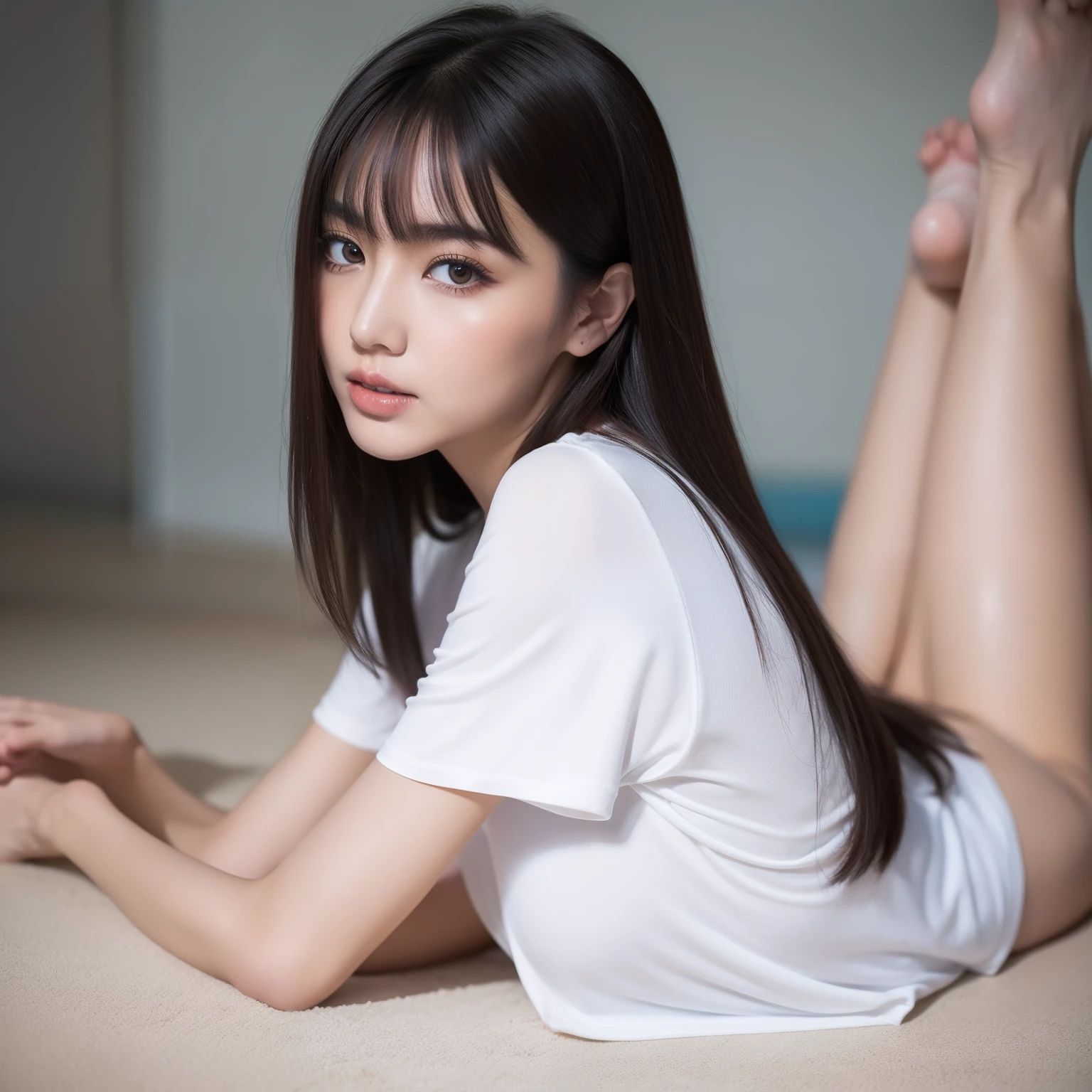 8K,Woman in T-shirt,Model figure,Height 1.8 meters,Tall,Side-split bangs,Barefoot,Eye makeup,perfect bodies,Amazing
