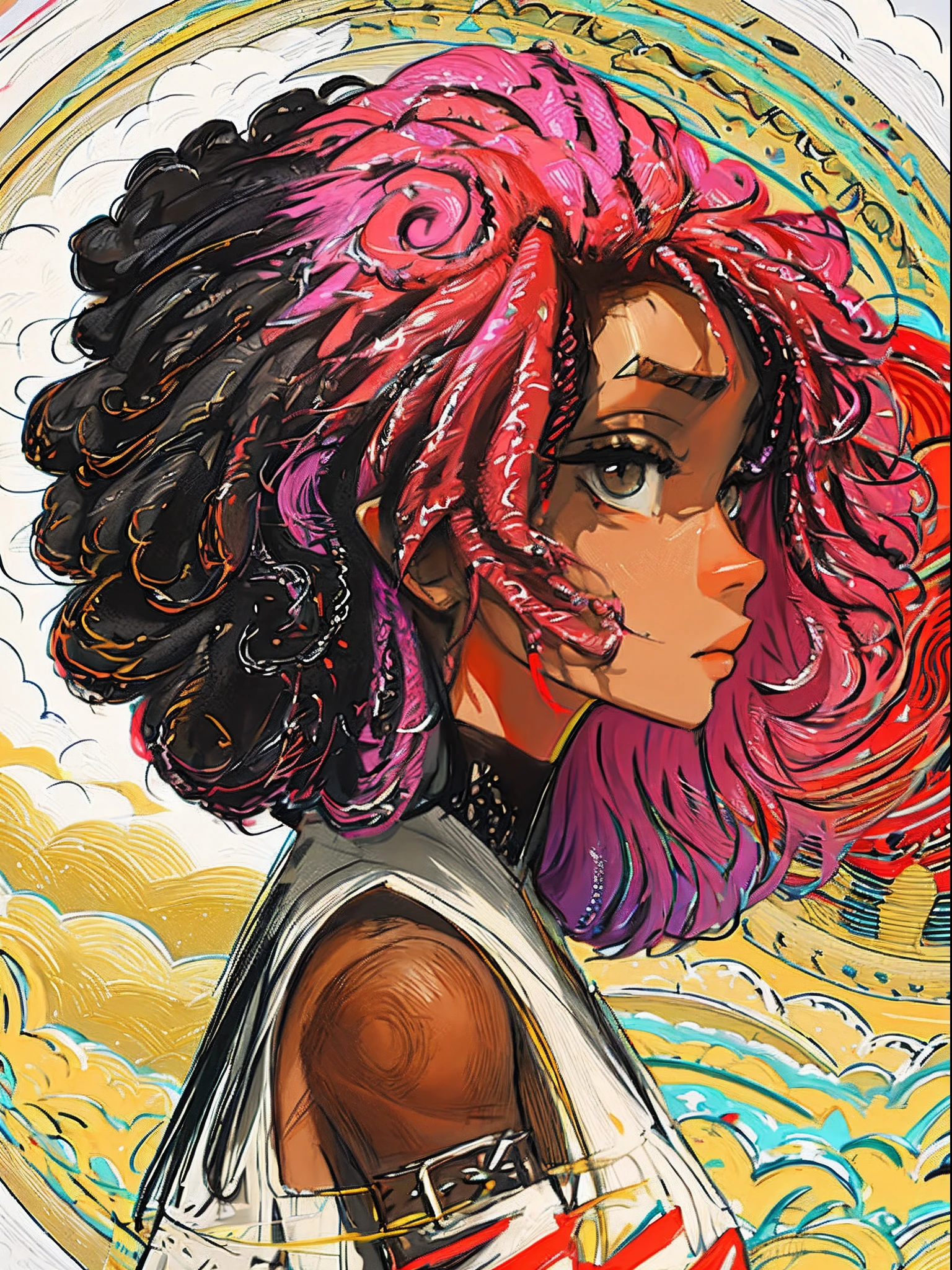(masterpiece、top-quality、top-quality、afrocentricpaiting(afro)、african-american completion Official Art、Beautifully Aesthetic dark skin:1.2)、(1girl in:1.3)、(Fractal art:1.3)、The upper part of the body、from side、looking at the viewers、patterns、(rainbow-colored hair、colourful hair、african ink、clouds、starrysky、stele、Rough kanji、