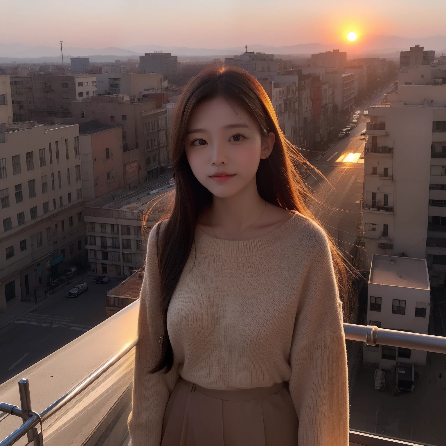 the setting sun、Visible from the building、a picture、high-level image quality、girl with