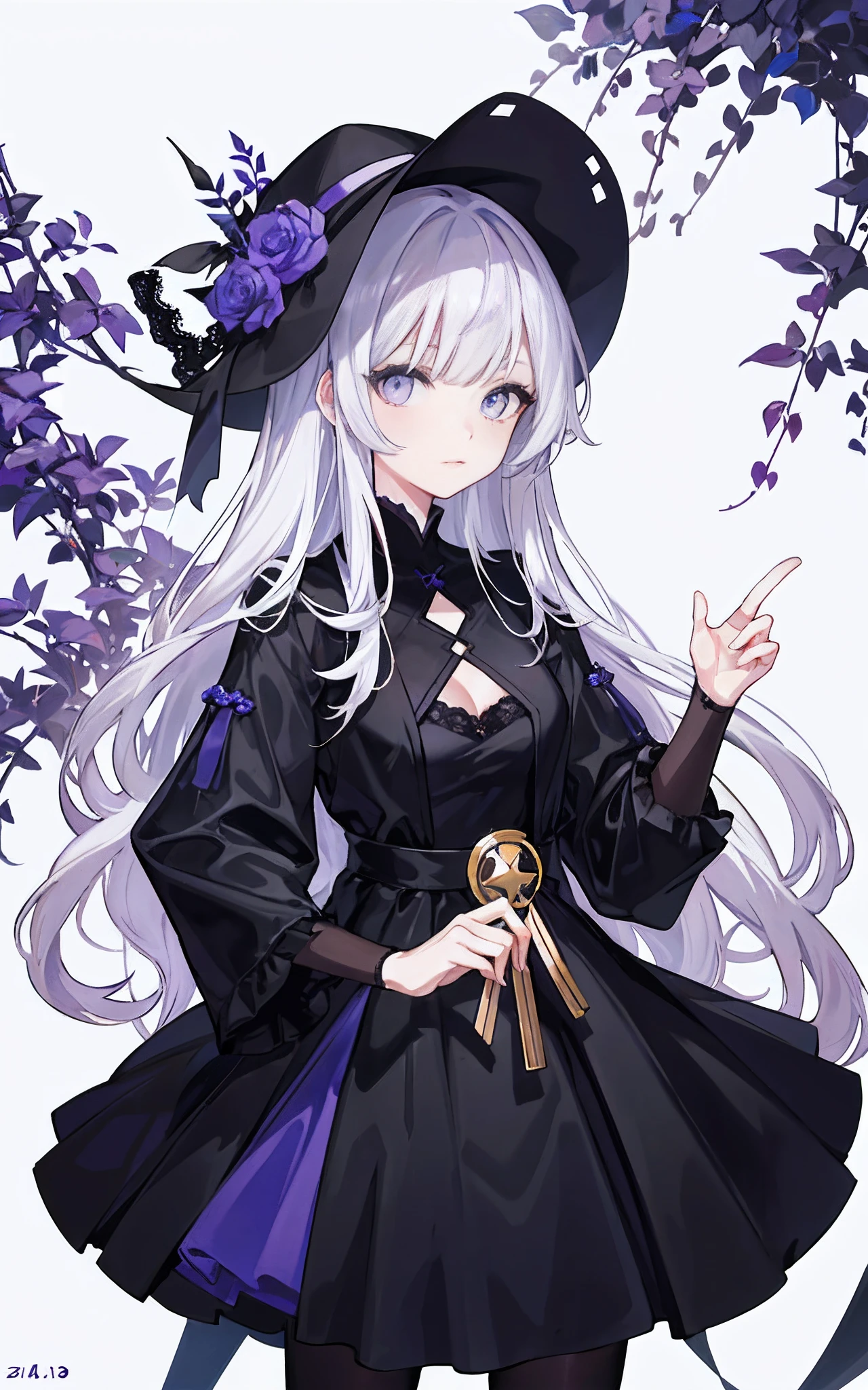 ((tmasterpiece:1.4,best qualtiy))+,(Hyper-detailing)+,(Ultra-detailed eyes)+, (cute1girl),ar old,(Violet eyes:1.15),Silvery hair,Very long hair,(wariza:1.2),paleskin,Keep your mouth shut,peacful, (She wore a dress made of tangled vines:1.5),(flatchest:1.2),(vine dress:1.4),(Dress made of vine:1.2),(Surrounded by vines:1.4), (be desperate:1.3),gotik, (Dark yellow vines:1.3),leafs,(Vine tree:1.1), (Dawn light:1.2),violet colors, (Heavy black and white:1.16),(depth of fields:1.4),nigth