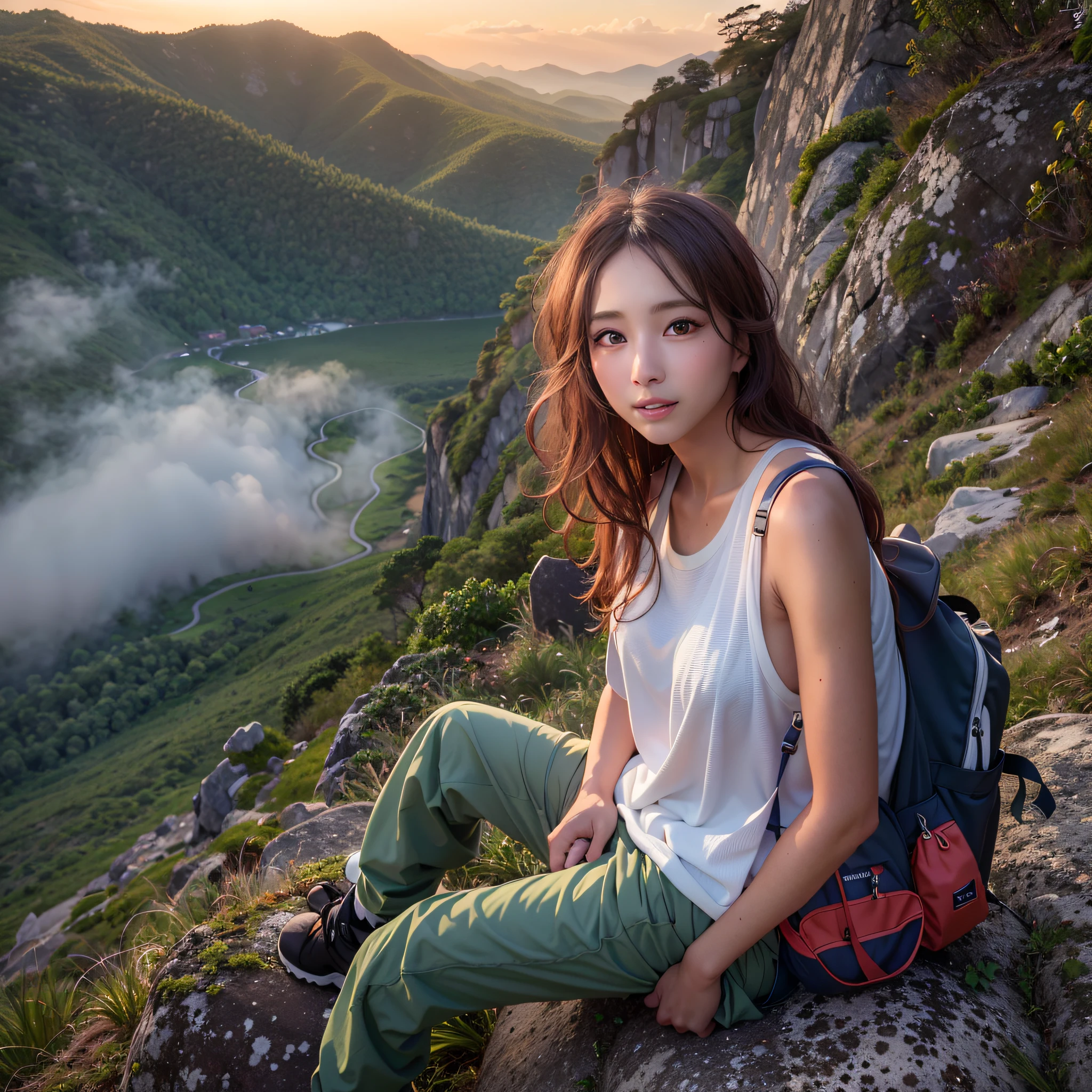 Naturescape photography, (Best Quality, hyper realistic:1.2), (Very detailed scenery), crepuscular rays, Magnificent mountain, sea of clouds, On a very high mountain peak, A clear sky, Fantastical, A woman watching the sunset, ((upper body)), (white t-shirts, Trekking shorts, trekking boots, rucksack), (ultra delicate face, ultra Beautiful fece, ultra delicate eyes, ultra detailed nose, ultra detailed mouth, ultra detailed facial features), Beautie, 18year old, Shy smile, Realistic body, Sitting on a rock