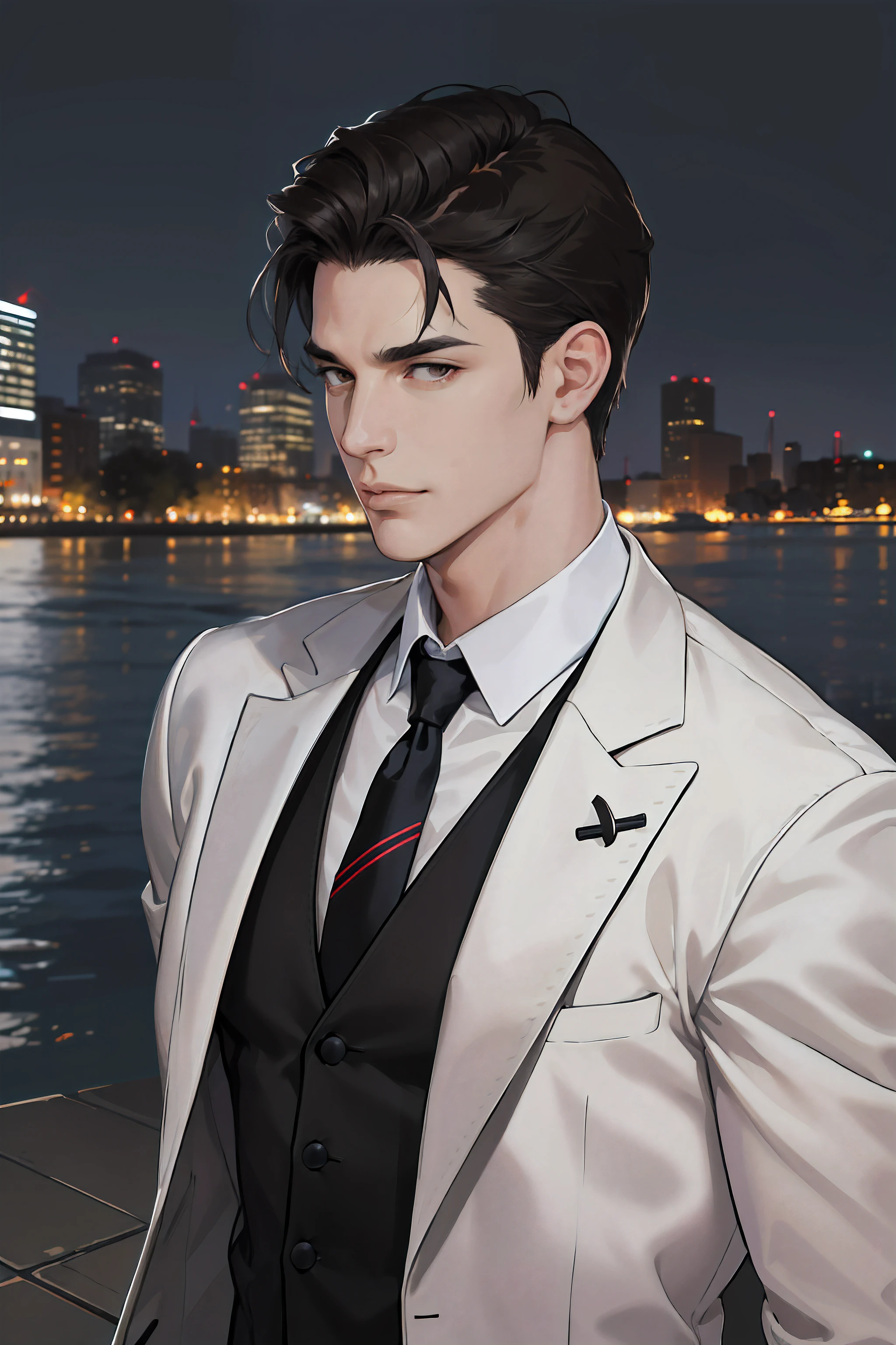 (absurdres, highres, ultra detailed, realistic, ), 1 male, solo, adult, mature, tall muscular guy, broad shoulders, handsome, very short hair, black hair, brown eyes, angular jaw, thick neck, thick eyebrows, night, dark, the night view of the city background, formal suit, necktie, upper body