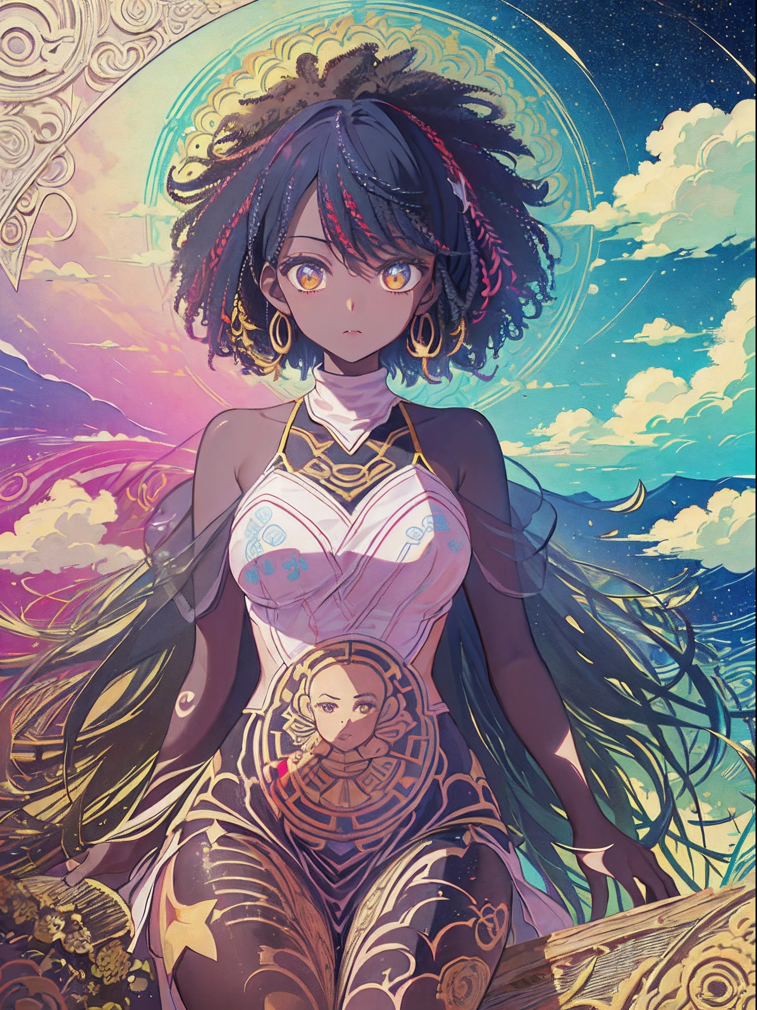 (masterpiece、top-quality、top-quality、afrocentricpaiting(afro)、african-american completion Official Art、Beautifully Aesthetic dark skin:1.2)、(1girl in:1.3)、(Fractal art:1.3)、full body、looking at the viewers、patterns、(rainbow-colored hair、colourful hair、african ink、clouds、starrysky、stele、Rough kanji、