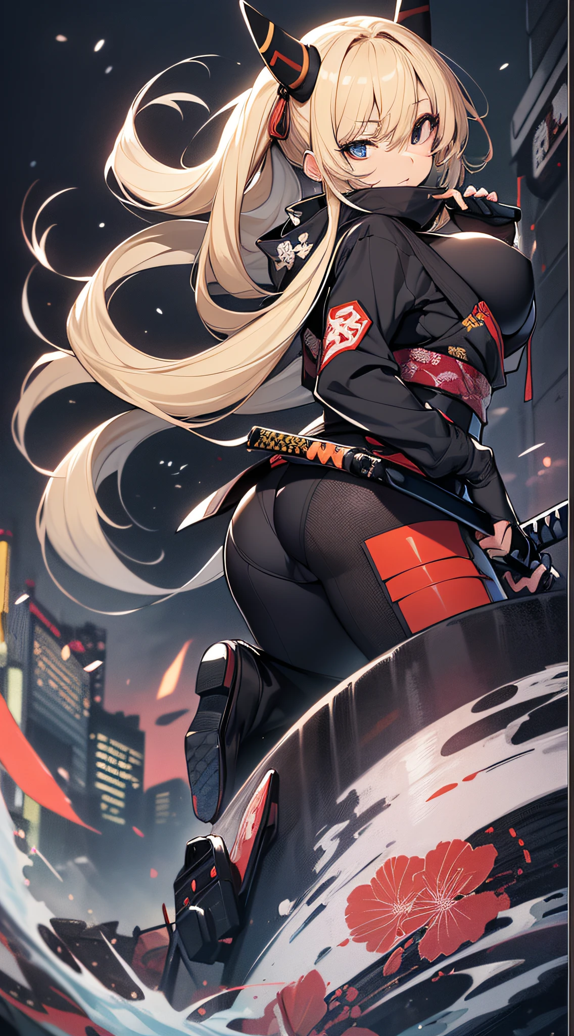 top-quality、Top image quality、​masterpiece、Mecha Girl((18year old、Black Ninja Uniform,Best Bust、Bust 100、a blond、poneyTail、Breasts wide open,You can see a large valley、Black eye、Strong eye power、Jump to viewer、Black Hachimaki、holding a katana)）hiquality、visualart、Background with((The world of Japan、Black sky))、