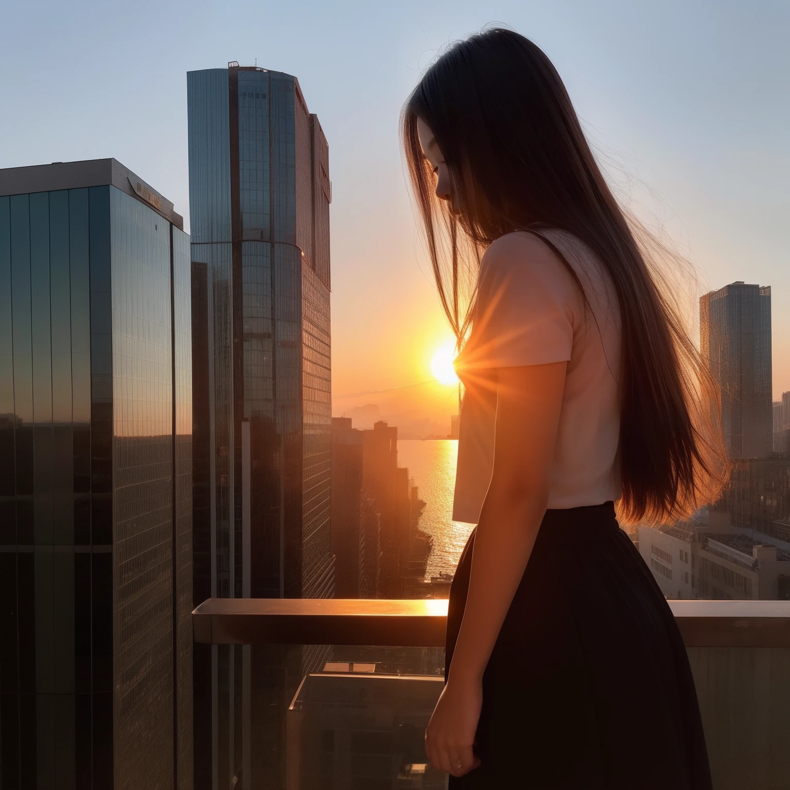 the setting sun、Visible from the building、a picture、high-level image quality、girl with