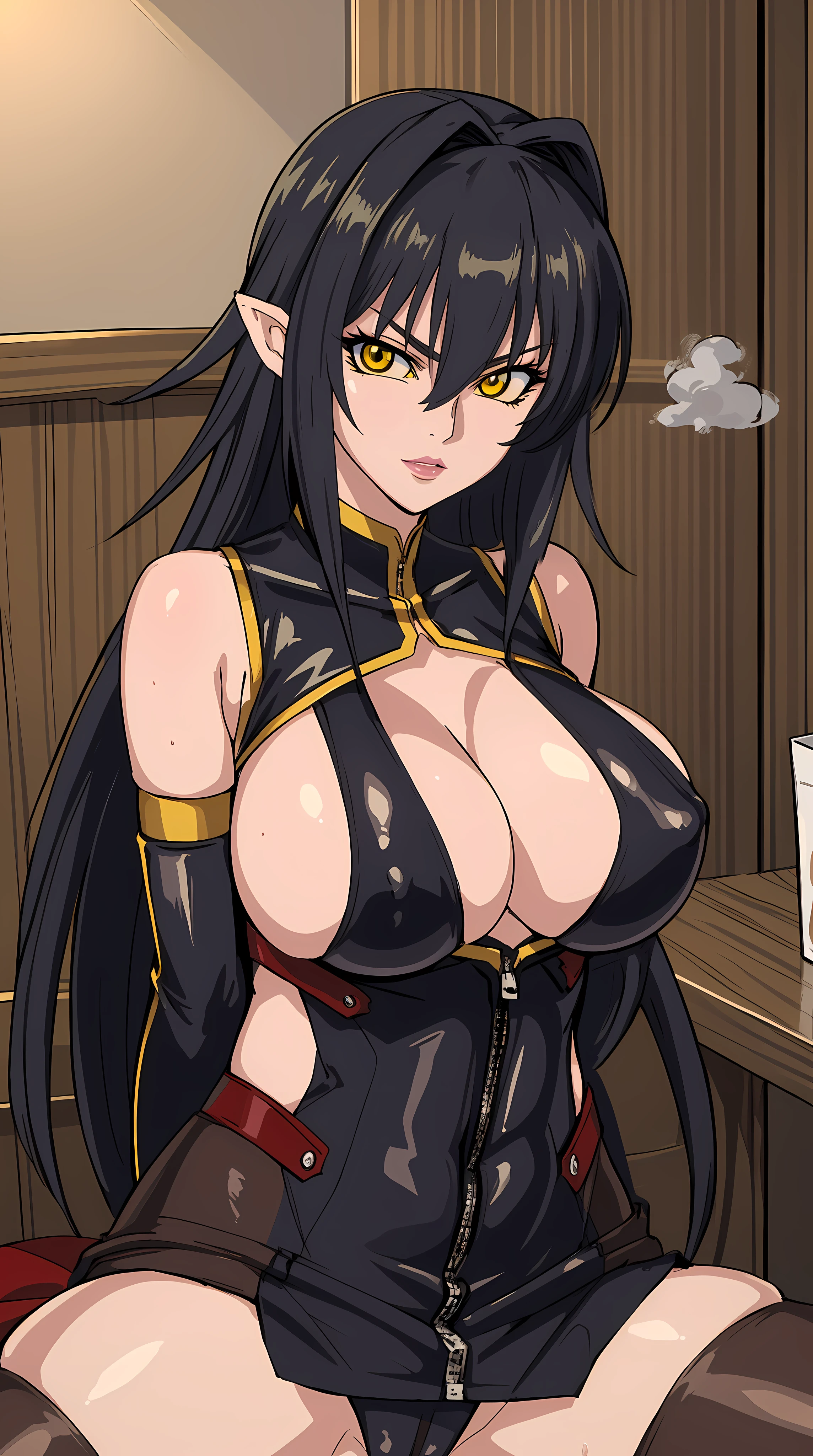 Annerose, 1girl, female mature, sitting on table, spread legs, long hair, black hair, pointy ears, yellow eyes, large breasts, (bodysuit:1.05), higheels, shiny clothes, (skin tight:1.05), hair intakes, (covered :1.1), (covered breasts:1.1), (sideboob:1.05), impossible clothes, cowboy shot, cleavage, perfect body, (athletic body:1.1), anime face, perfect face, perfect eyes, anime eyes, smoky eyeliner, eyeshadow, looking at viewer, sharp focus, intricate details, masterpiece painting, professional artwork, (vibrant colors:1.1), vivid colors, Diffused lighting, digital blending, ultra detailed body, ultra detail hair, ultra detail face, trending on pixiv, by Kagami Hirotaka, (((mature woman, mature female, 35yo, seductive glance))),