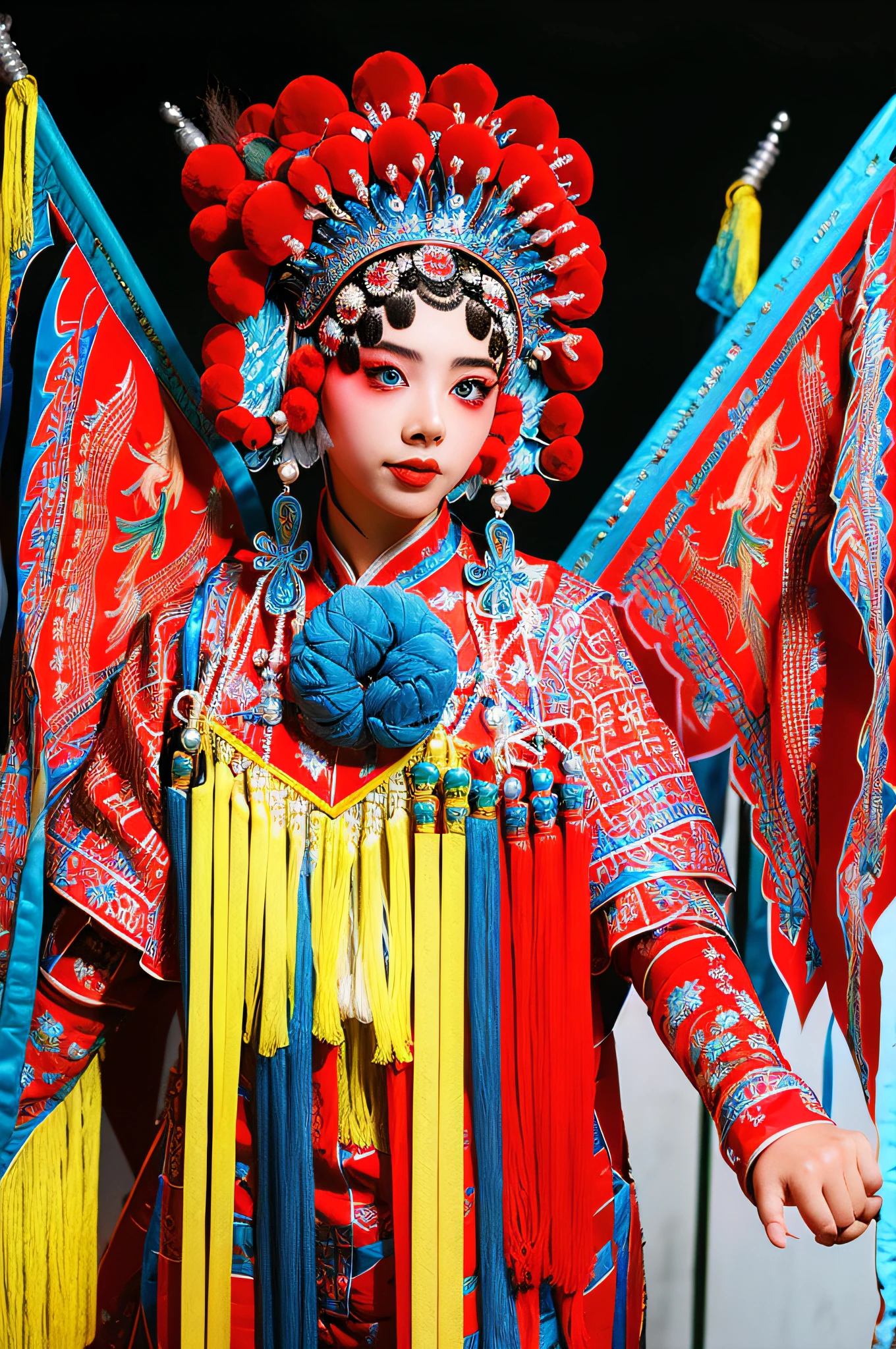 8k, RAW photo, best quality, masterpiece, realistic, photo-realistic, ultra detailed,
1 girl, CNOperaCrown, from front, looking at viewer, makeup, headdress, (((CNOperaFlag))), flag from back, holding, upper body, tassel,
