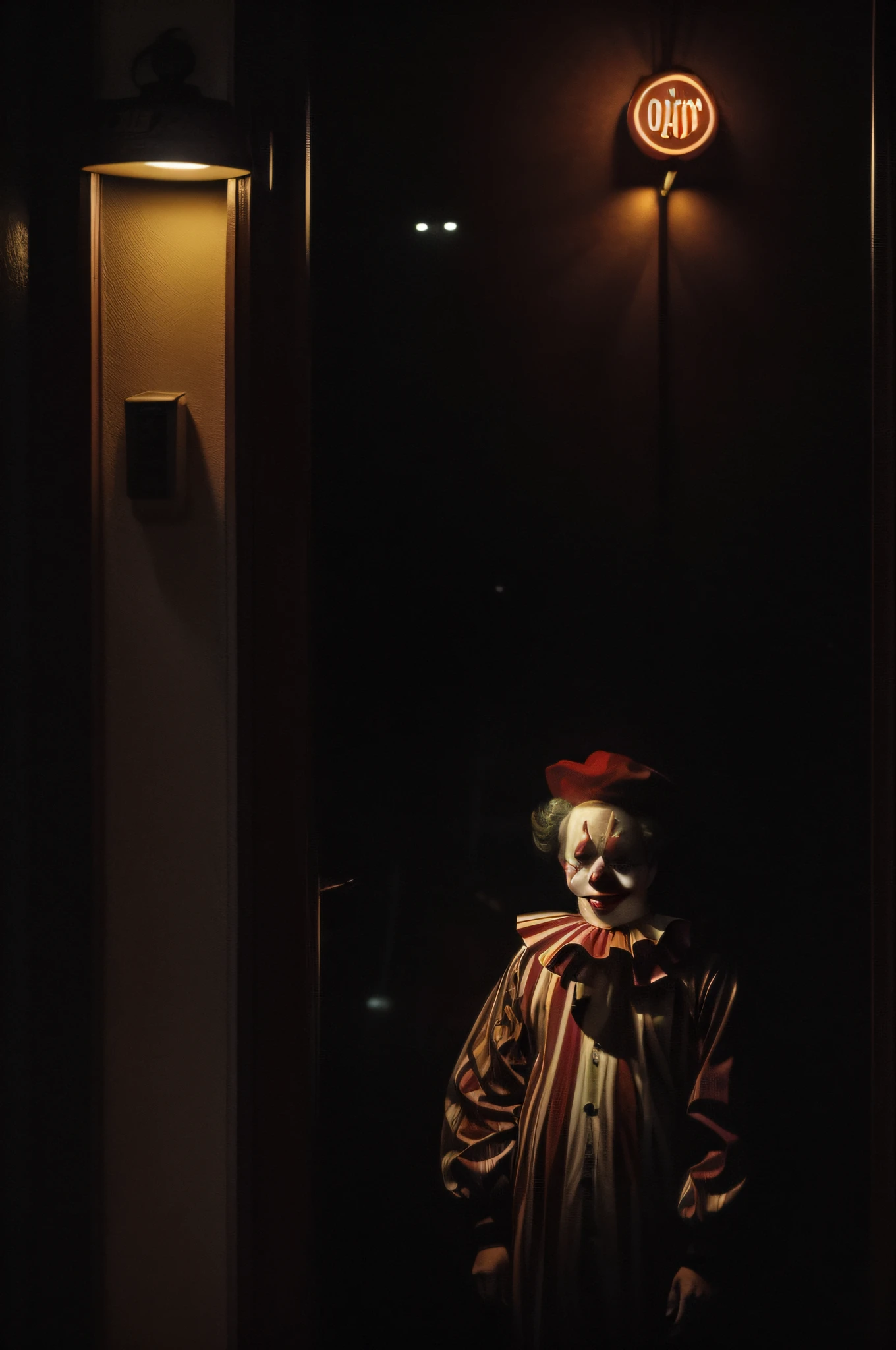 ((deep in the night、mid night、early dawn))、((motel、Clown in front of the motel))、Foggy、Sateen、reflection、Nostalgic but unsettling photos、Images in a dream、horor、Pretty dark image、Grainy photo、Film Touch、color photograph、wide angles、wide-angle lens, Wide Shot, ultra wide-angle、