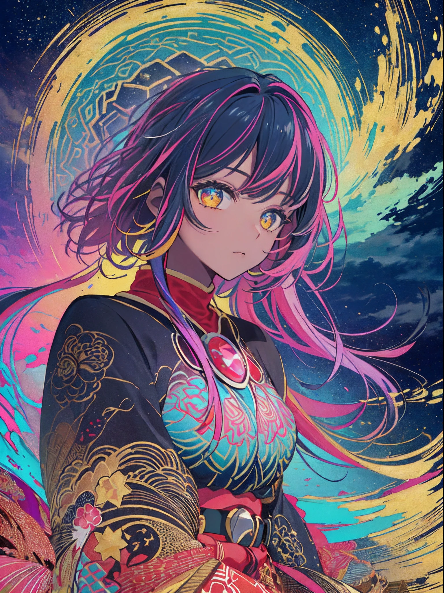 (masterpiece、top-quality、top-quality、afrocentricpaiting(afro)、african-american completion Official Art、Beautifully Aesthetic dark skin:1.2)、(1girl in:1.3)、(Fractal art:1.3)、full body、looking at the viewers、patterns、(rainbow-colored hair、colourful hair、african ink、clouds、starrysky、stele、Rough kanji、