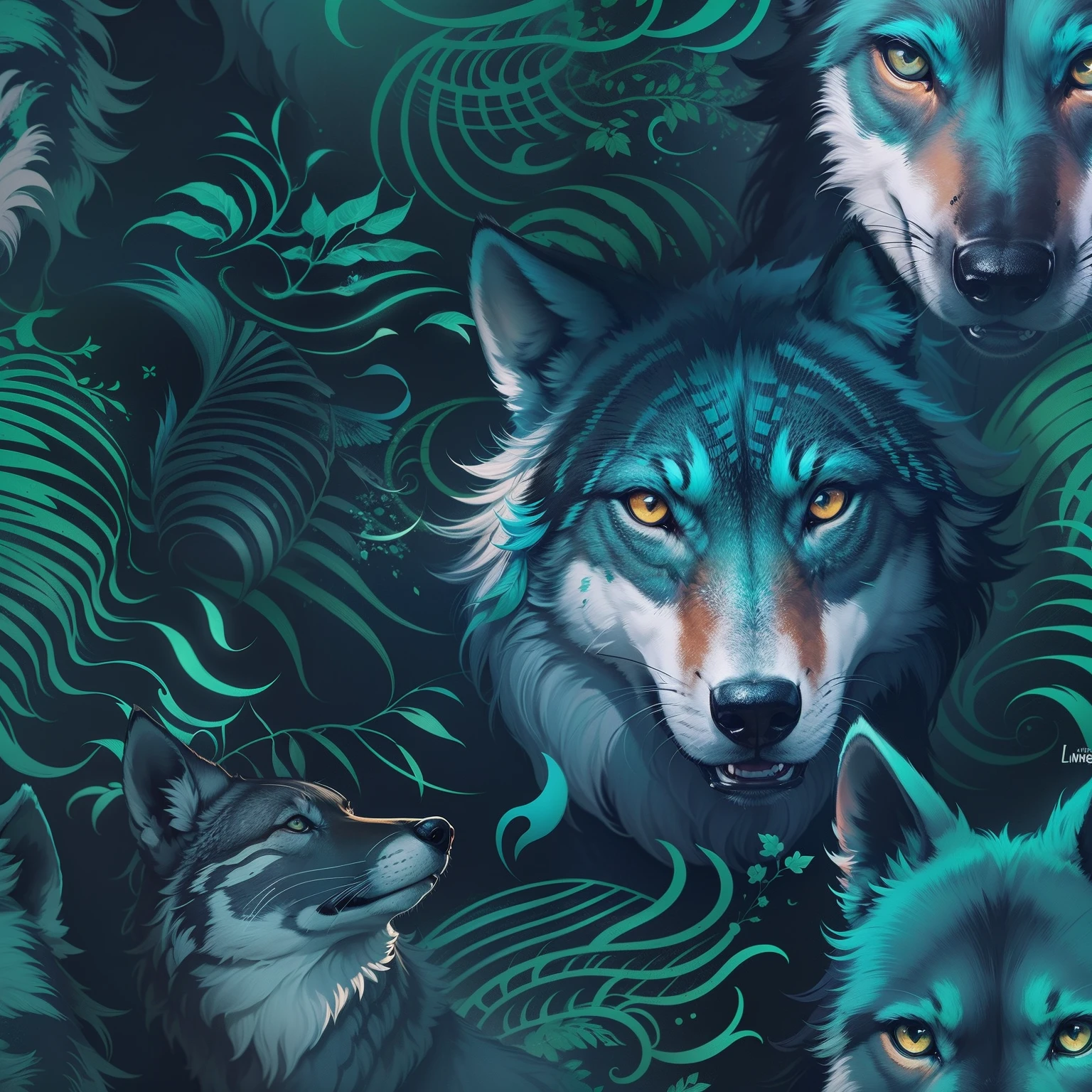 Camiseta WOLF escrita, arte da linha wolf, Fundo preto e azul escuro, azul brilhante, minimal and solid