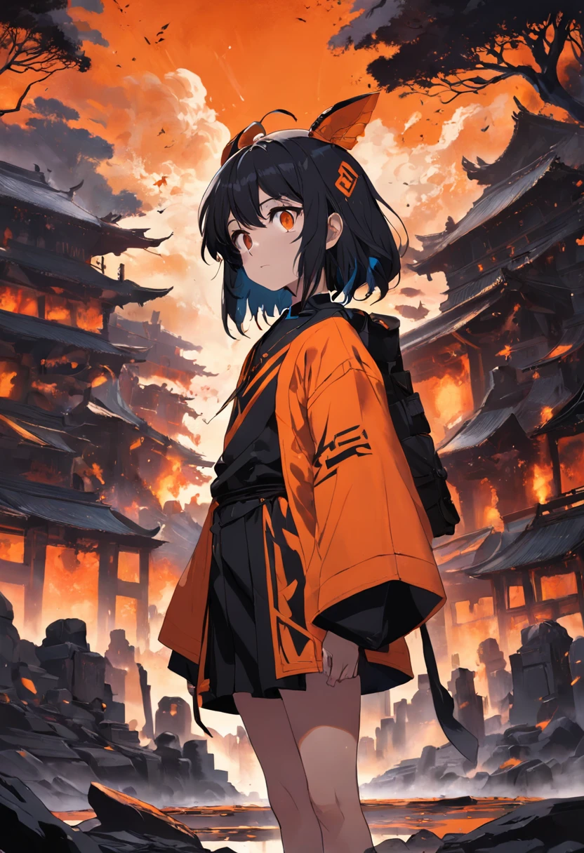 en unas ruinas de sumeria, He is 15 years old wears black and orange