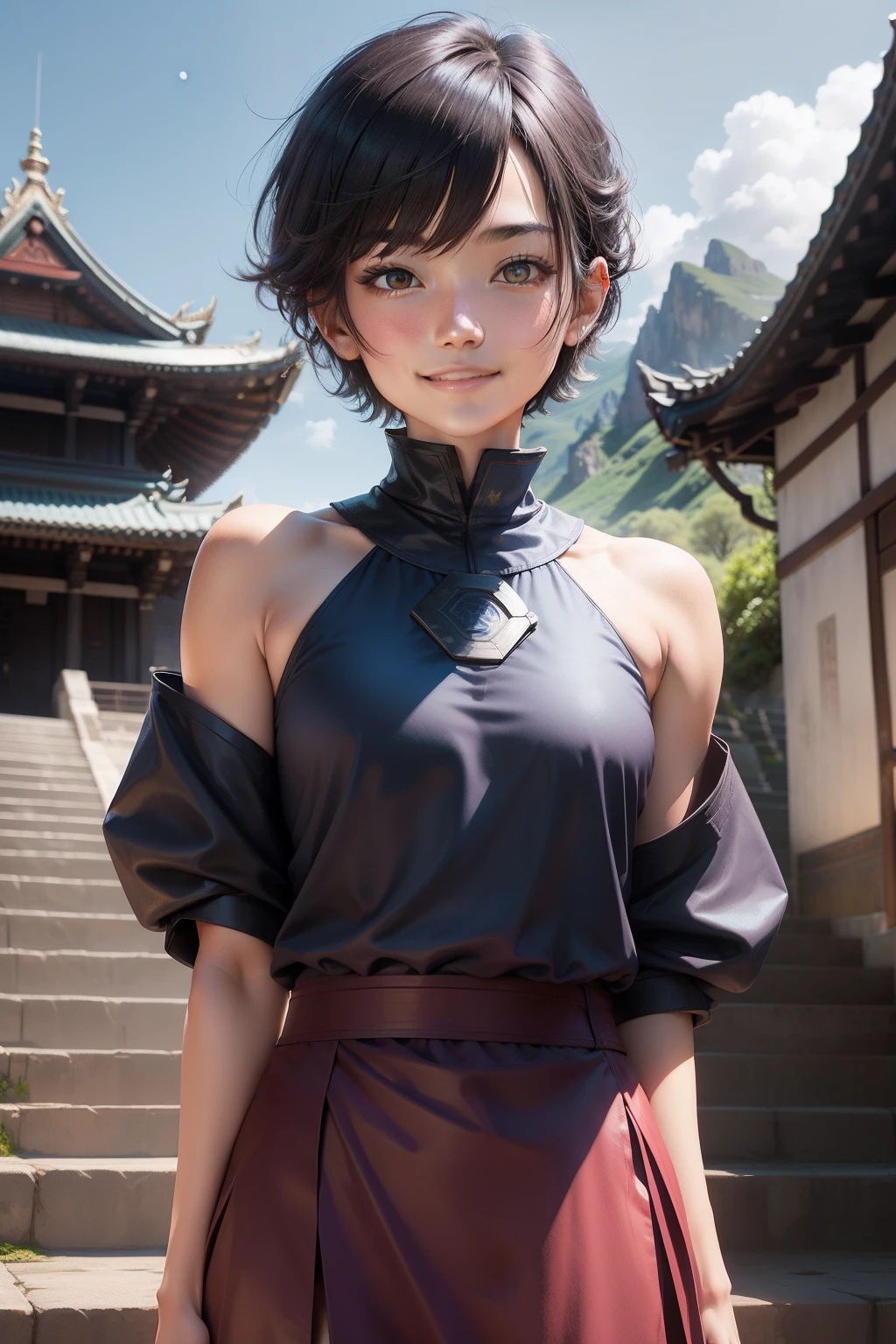 raidenshogundef, upper body, smile, blush, outdoors, day, simple background, blue sky, short hair, sky, temple, looking at viewer, stairs, mountain, moody lighting, facing viewer,