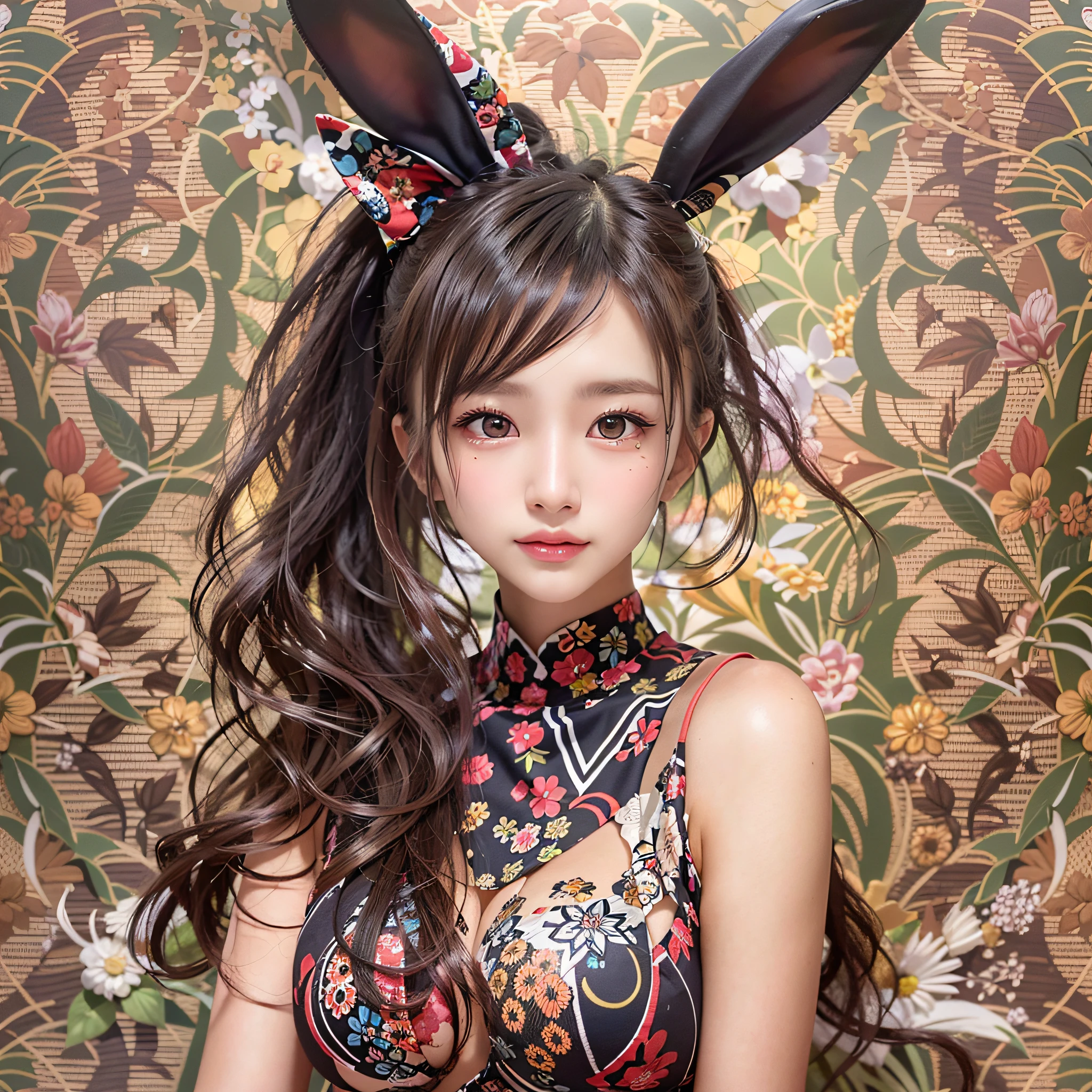 (Background, symmetrical, Compositions with coloful geometric arabesque patterns):1.3, (fullbody:1.3), (poneyTail, dark brown hair), (top-quality, Photorealsitic:1.4, masterpiece:1.3, RAW Photography:1.2, cinematric light, very detailed illustration), (1woman:1.3, solo), (asian girl, ultra delicate face, ultra Beautiful fece, ultra delicate eyes, ultra detailed nouse, ultra detailed mouth, ultra detailed facial features), petite woman, (黒色で無地のplayboy bunny:1.37), (medium breast:1.3), from the front side, skiny, lipgloss, Show cleavage