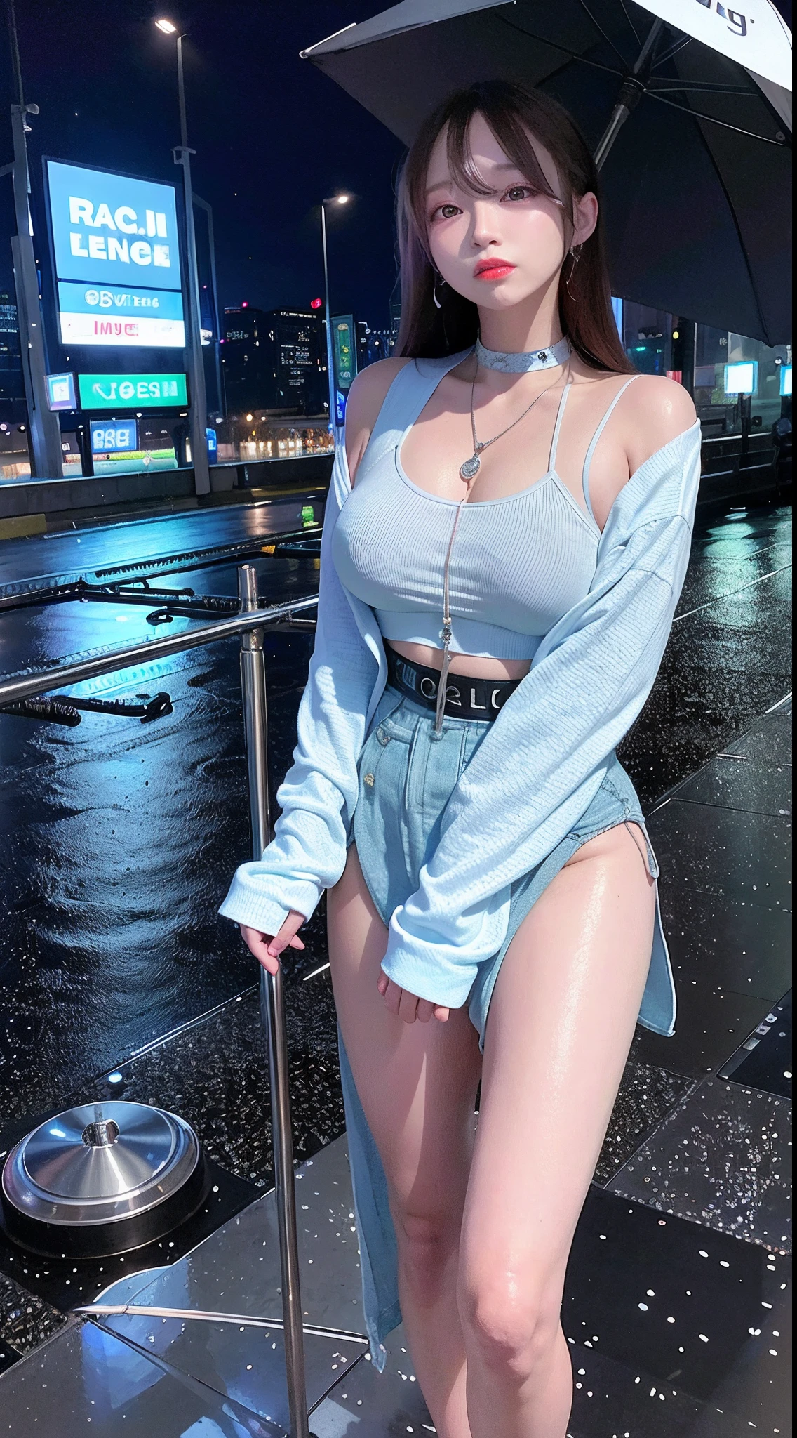 (8k, RAW photo, best quality, masterpiece:1.2), (realistic, photo-realistic:1.37),st. louis \(luxury wheels\) \(azur lane\),1girl,(Kpop idol), (aegyo sal :1), Hair Accessories, Portrait, (Long Loose Silver Exposure Dress: 1.1), Necklace, Blue Nails, Cute, Cityscape, Night, Rain, Wet, Professional Lighting, Photon Mapping, Radiosity, Physically Based Rendering ,