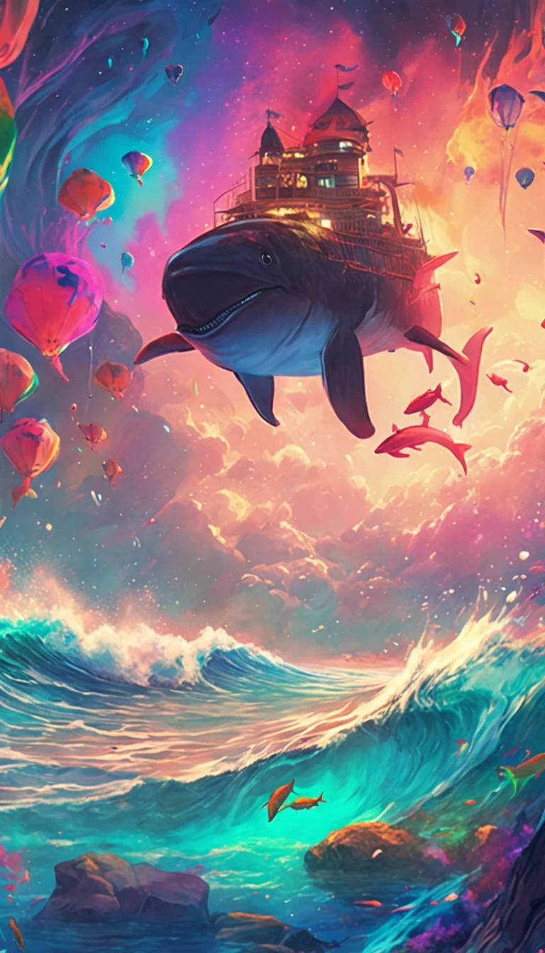 Painting of a pod of dolphins swimming in the colorful sea, Look up at the composition,sky whales, Inspired by Cyril Rolando, dreamy psychedelic anime, colorful anime movie background, A beautiful artwork illustration, author:Si Tao, colorful concept art, Makoto Shinkai Cyril Rolando, in the style of Cyril Rolando, flying whale, HD watercolor 8K, Highly detailed watercolor 8 K,octane,Fine,Realistic,8K,Shinkai Makoto style( reasonable design, Clear lines, High sharpness,Best quality, Very detailed, masutepiece, movie light effect, 4K )