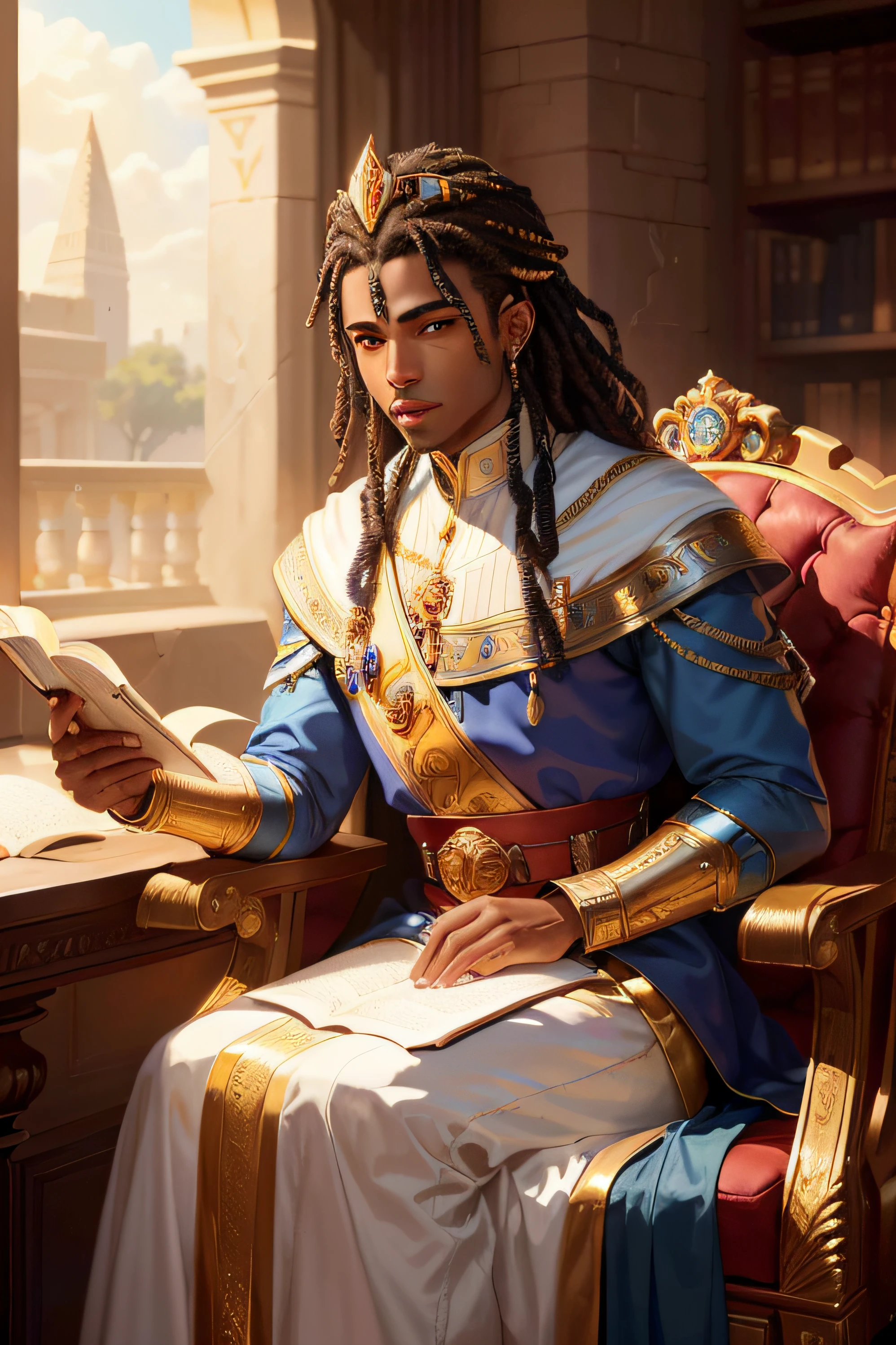 arafed man in a blue and gold outfit sitting in a chair reading a book, brown skin man egyptian prince, rpg book portrait, a portrait of the character, casimir art, detailed character portrait, character painting, beautiful character painting, beautiful androgynous prince, male artificer, stunning character art, charlie bowater character art, portrait of a dnd character