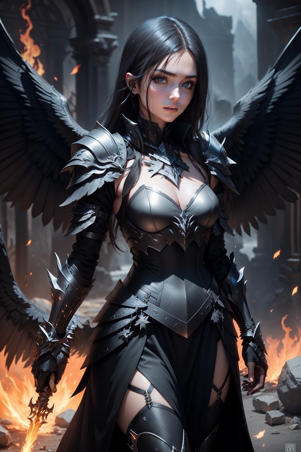 Black biosensory armor，With wings，ruin background，handheldweapons，fire glow