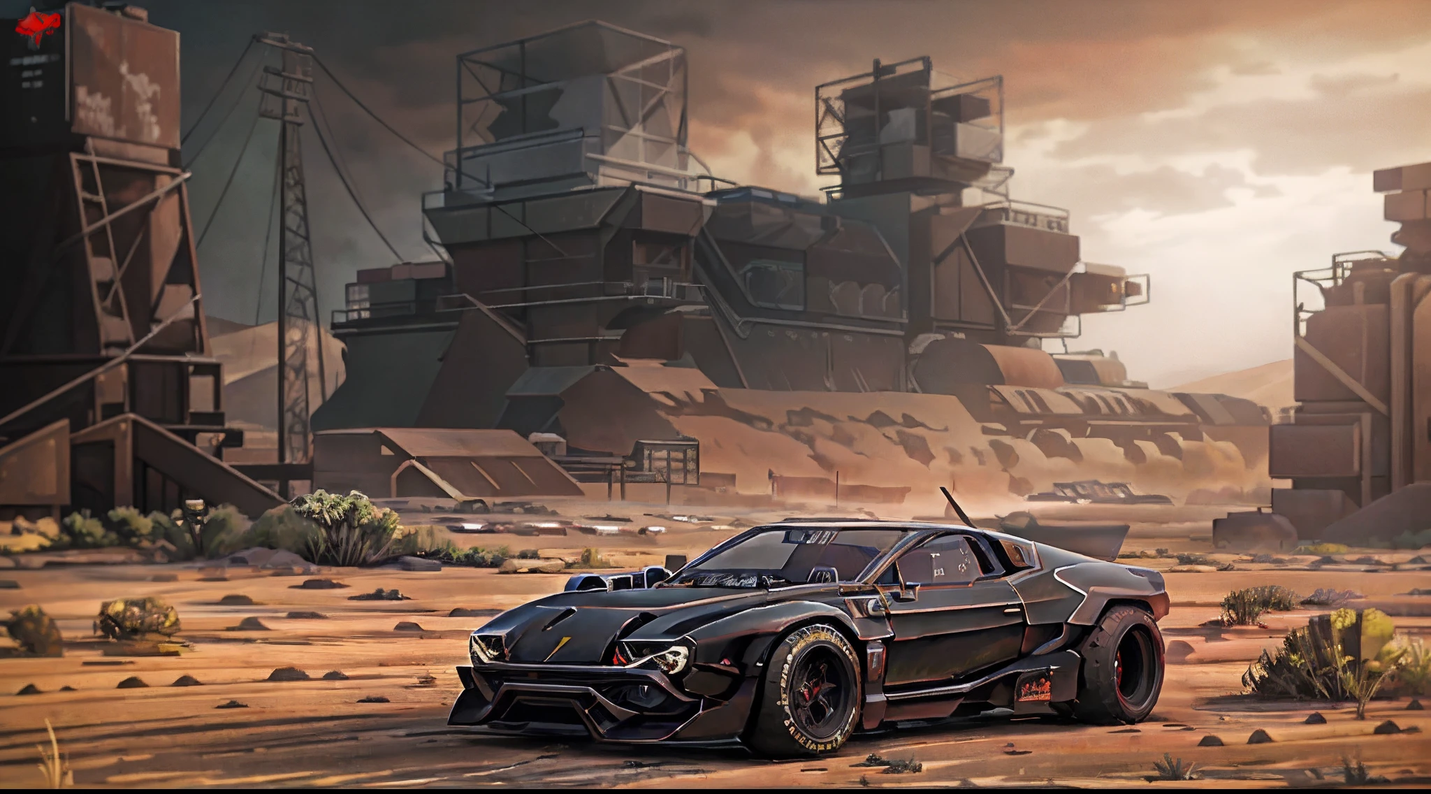 Best quality, Stealth fighter jet inspired matte black Lamborghini drag racer, dark and dirty, hoonigan style, an absolute badass supercar, post apocalyptic style, {{{inspired by mad max fury road}}}, in desert sci-fi landscape with black slate derelict building structures in the background, sandstorms and sinister clouds, acid rain, a world first collaboration by hanka robotics and cyberdine systems, Capture the adrenaline-fueled excitement of a mean looking, ominous, and high-performance supercharged car: [artwork by ismail inceoglu, Aaron beck, Sam spratt and George miller]and cinematography by John Seale, directed by Christopher Nolan and Christopher gans, white grunge alloys, racing slick tires, volumetric lighting, epic composition, dark dystopian art, View from the front and side, wide angle lens, cinematic lighting, [dieselpunk industrialpunk, desert landscape:1.3], 3d maya, octane render, Dark palette with Foreboding colours, dark sinister overtones, Capture the adrenaline-fueled excitement of a post-apocalyptic performance  car, body armour, intricate details, Masterpiece, offset noise, Golden ratio, Highest quality, hdr, Photorealistic, insane quality, insanely detailed, 8K UHD, ((award winning masterpiece)), BREAK 8K, concept art, unreal engine, world first reveal, exclusive, post apocalyptic landscape, desert nuclear winter, Edwin Austin Abbey, vhs analog horror aesthetic, hazy, gloomy, calotype, apocalypse art.