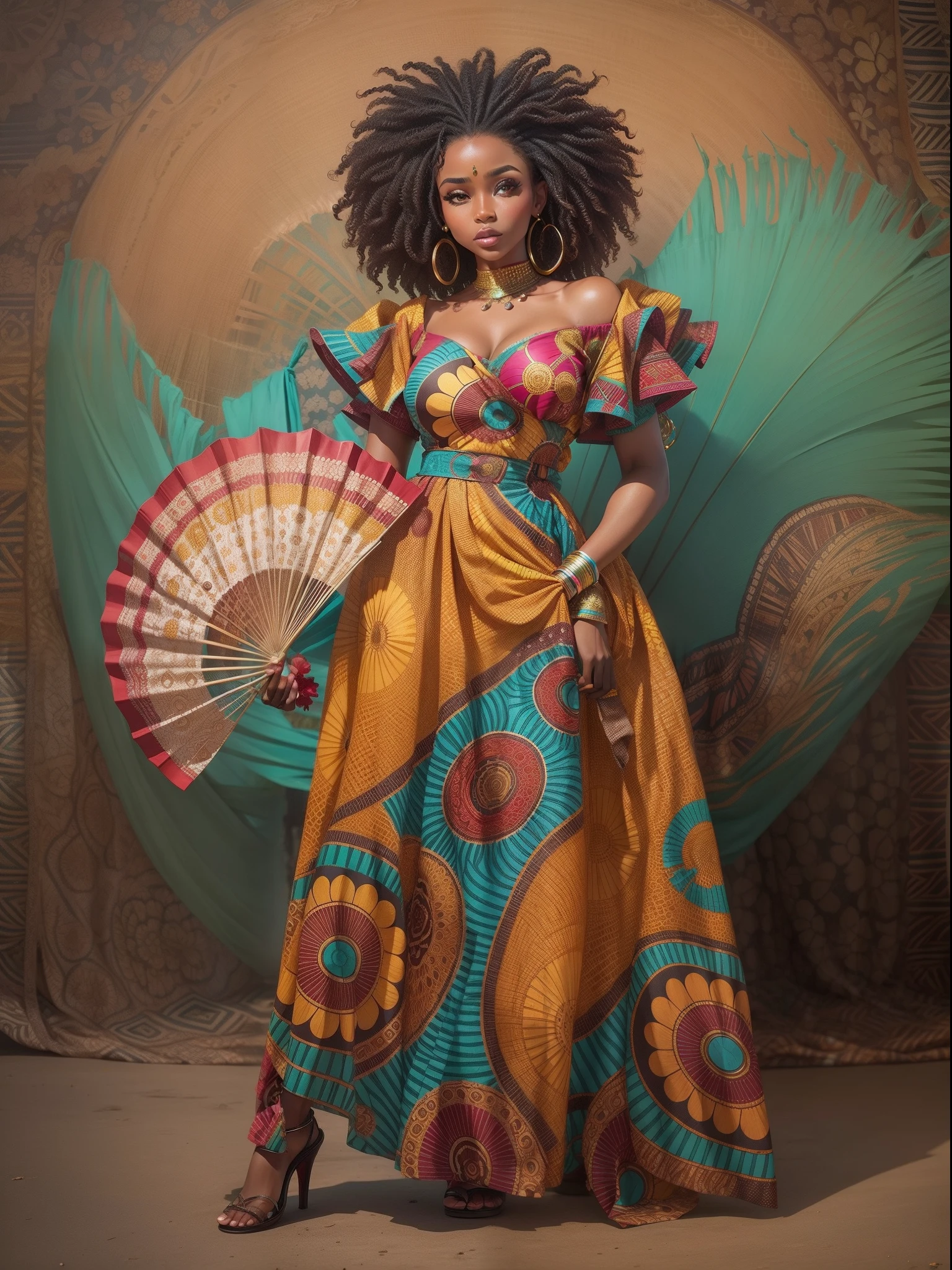 "Adorable African model with curly hair, wearing a stunning Ankara dress design featuring a lace gown style and fan sleeves, made with vibrant wax fabric."