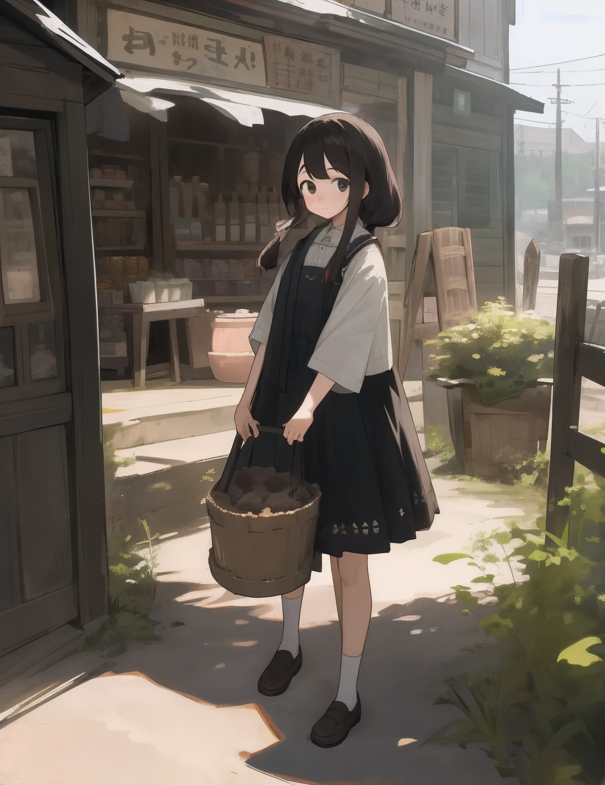 masterpiece, top-quality, 1girl in, The upper part of the body, is standing、 sweeping bangs, length hair, , A dark-haired, doress, frilld, plein air,general store、The viewer is the viewer's gaze