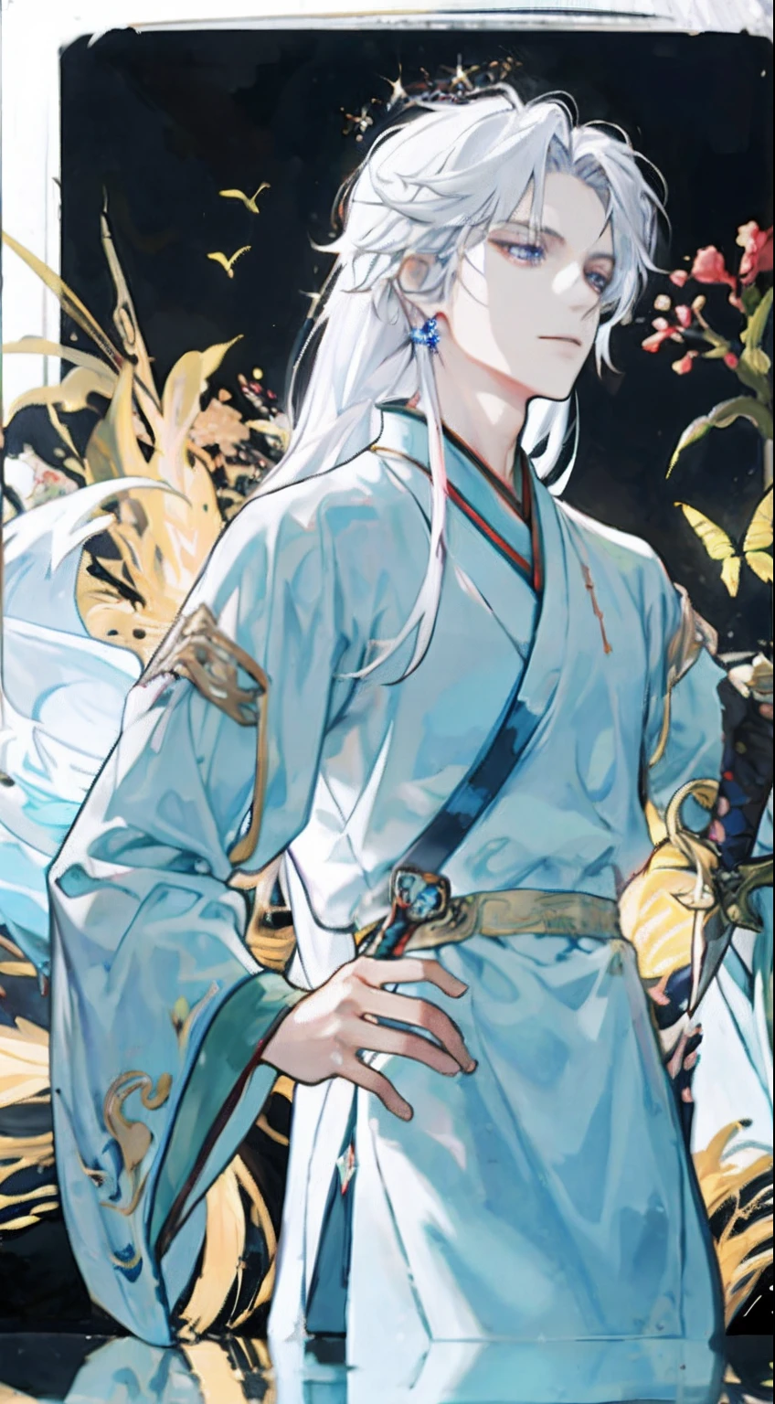 Hanfu，long whitr hair，ellegance，extreme hight detail，Beautiful Boys，Young men，Fluttering hair and clothes，Depicts delicate facial features，Opal-like blue-purple eyes，Long white hair，eardrop，crystal，ruri，shine，sparkling，Diamond-like transparent hair，diamond，Crystal Shard，Wide robe with large sleeves，（absurderes，A high resolution，ultra - detailed），tmasterpiece，best qualtiy，With a sword，独奏，handsome，A high resolution，A masterpiece，Pubic area is clear，Got it，16K high image quality，Extra-long, smooth white hair，详细的脸，Fighting posture，attack pose，wielding sword pose，abstract backgrounds，swirles，spark of light，Magic Vortex，cold shades，meticuloso，