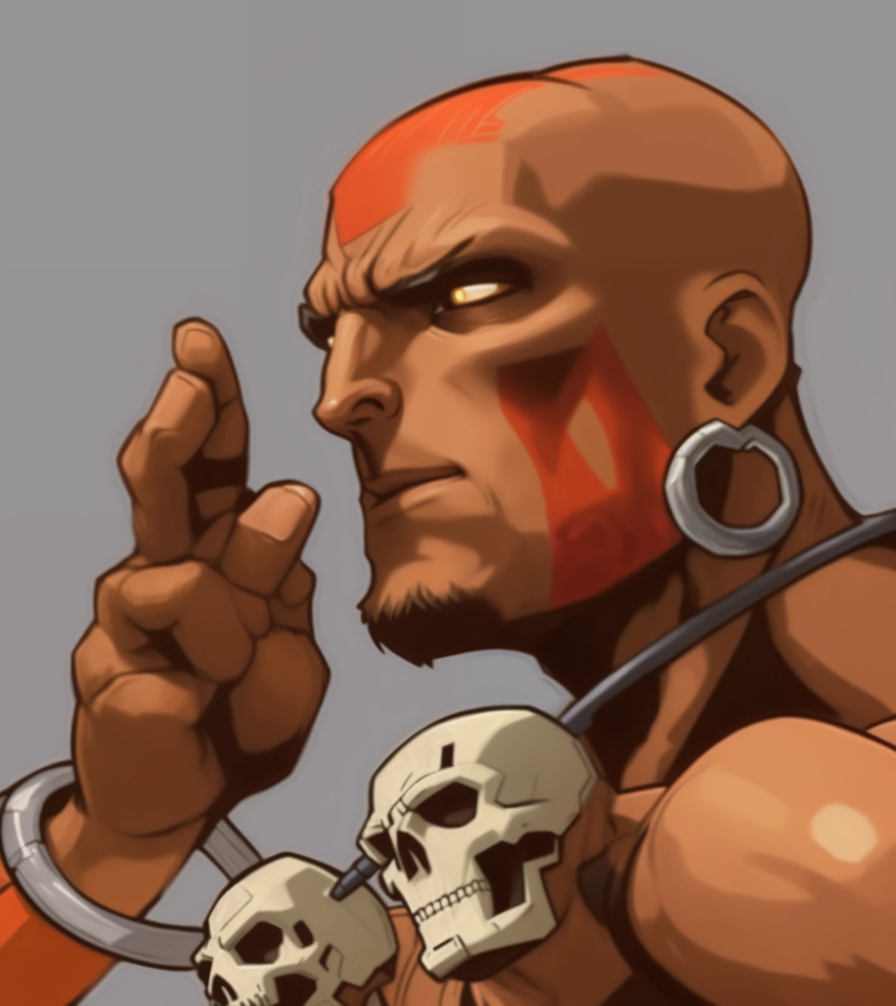 um close up de um desenho animado de um homem com uma caveira no ombro, Montanha, Monge fisting, personagem de jogo de luta, Pose estoica, doom guy, Baraka, menacing pose, pose, Dhalsim, Street Fighter, intimidating stance, Doom Guy Parecido com Samus, Joe Madureira, closeup estilo gesto pesado, Iconic character of high detail, eles