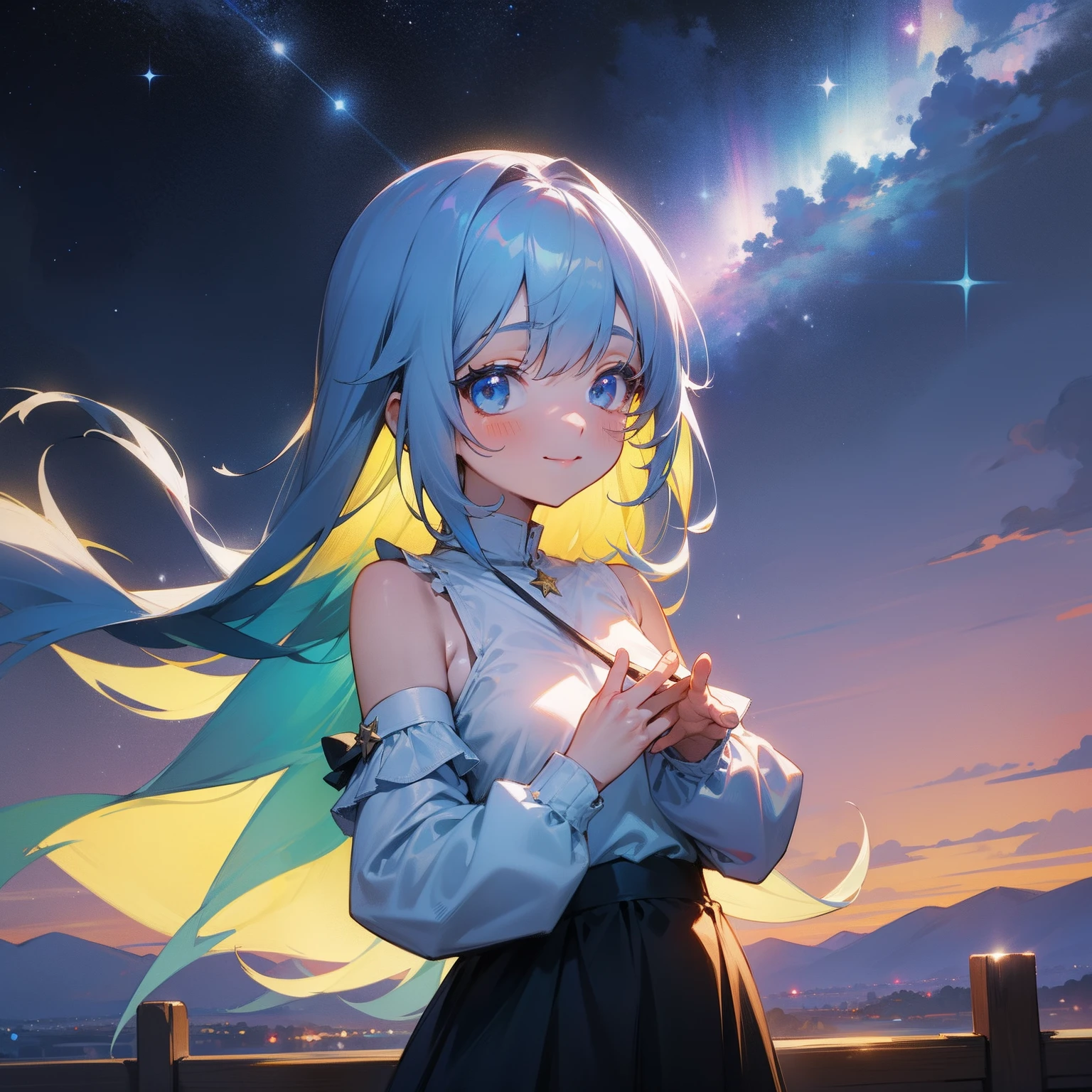 Shyness A smile cute little Alone with the viewer romantic White shoulder-out shirt girl with View Viewer Midnight Beautiful starry sky