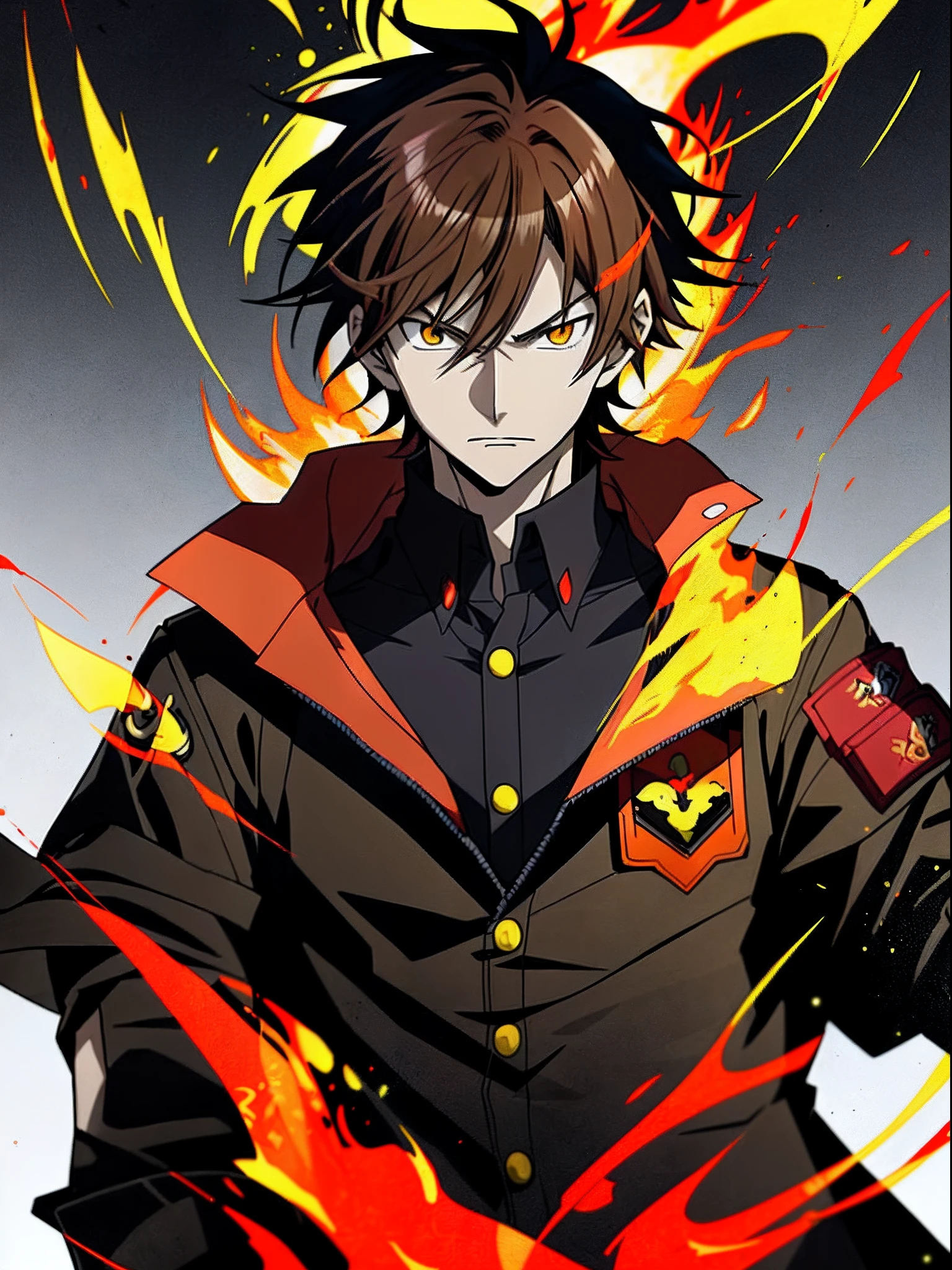 Anime characters with brown hair in black shirt,Red jacket and yellow flame, Badass anime 8 K, Key anime art, shigenori soejima illustration, hajime yatate, male anime character