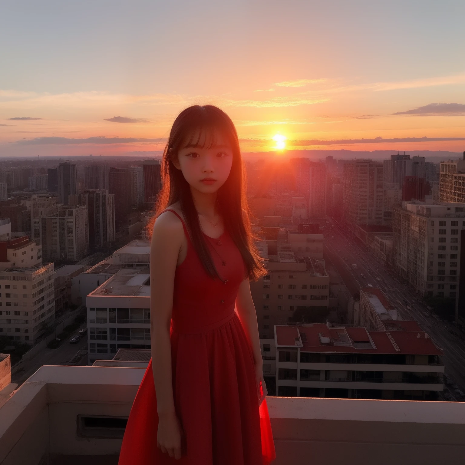 Big red sunset、Visible from the building、a picture、high-level image quality、10years old girl