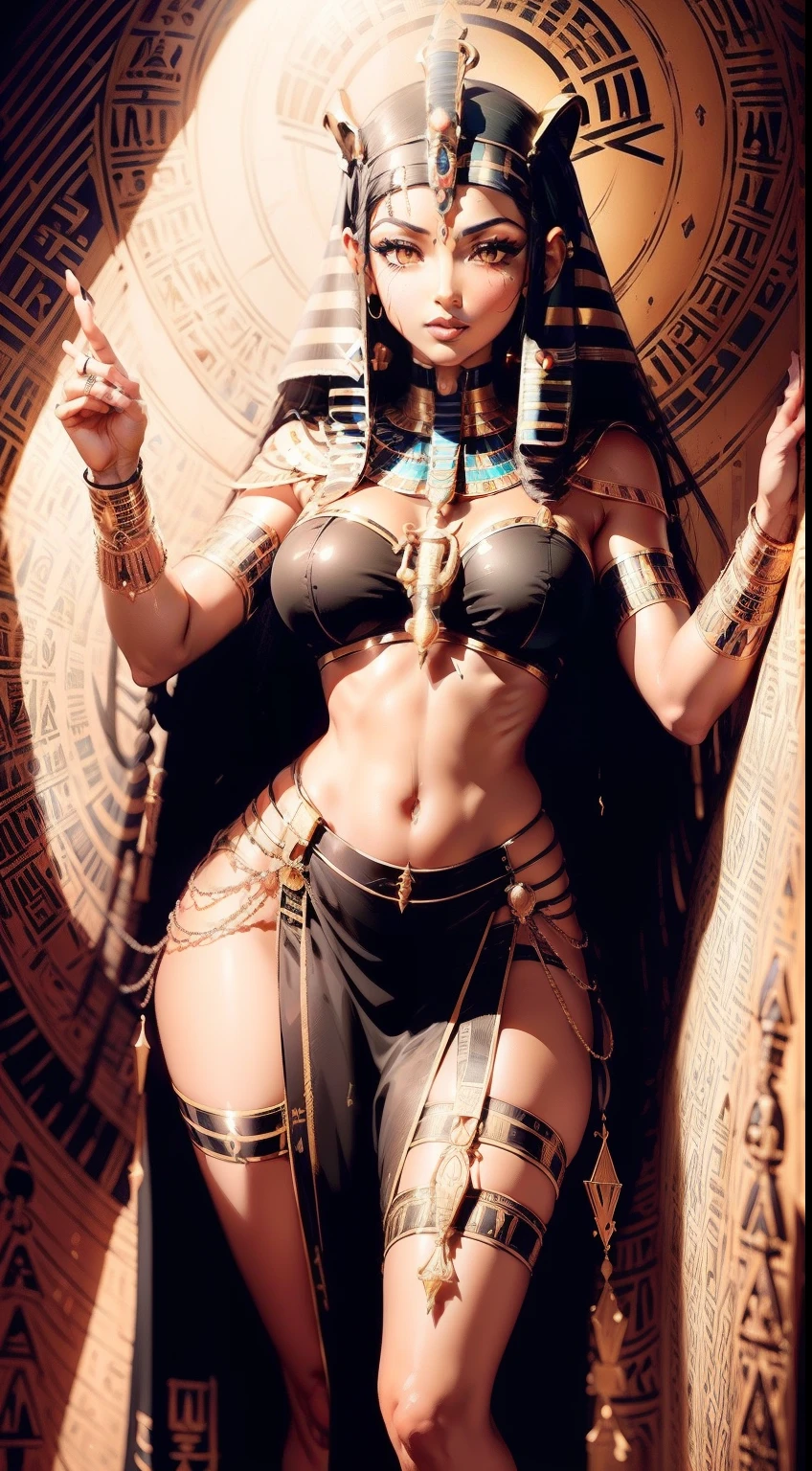 a black and white drawing of an egyptian woman, kemetic symbolism, ((((occult art)))), egyptian art, goddess inanna, egyptian mythology, dark skin female goddess of love, seductive. highly detailed, ancient egyptian art, kemetic, sumerian goddess inanna ishtar, egyptian iconography, black art, bastet, egypt themed art