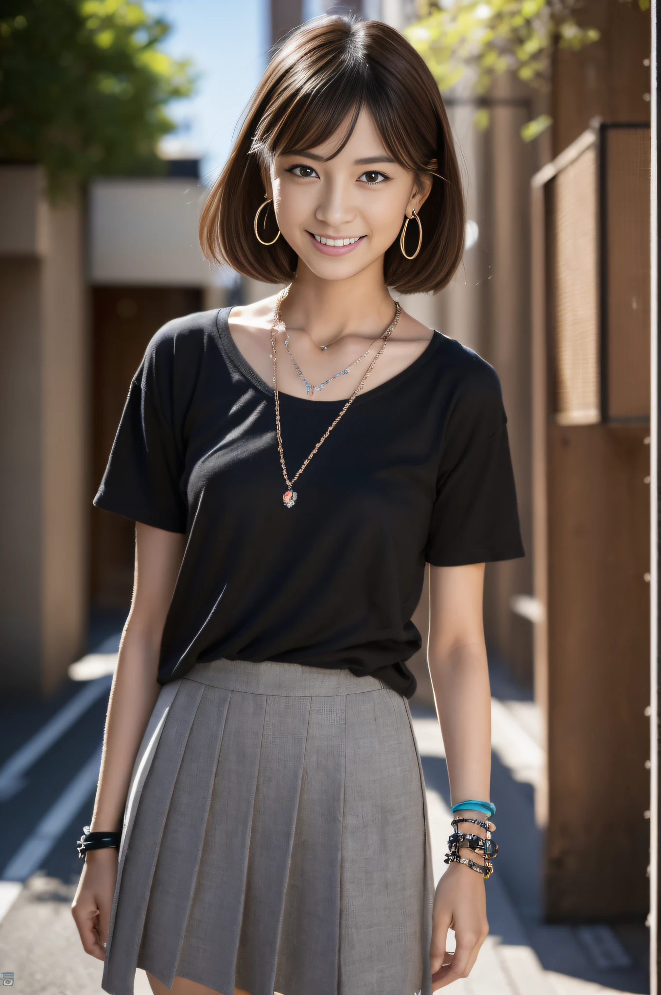 (Masterpiece:1.3), (8K, Photorealistic, Raw photography, Best Quality:1.4), (1girl), Beautiful face, Realistic face, (Detailed face), Beautiful hairstyle, (Detailed hair), Realistic eyes, (Detailed eyes), Beautiful details, Realistic skin, (Detailed skin), Beautiful skin, Attractive, Ultra high definition, A hyper-realistic, Very detailed, (medium breasts:0.5), Japanese beauty, (slim figure), (arafed woman in a skirt and t-shirt standing on a sidewalk, cool Japanese street fashion, Japanese street fashion, Japanese city street fashion, Tokyo fashion, punk style, punk rock clothes, dressed in punk clothing, in NeoTokyo, wearing punk clothing, Harajuku street fashion, in a Tokyo street, dressed in crustpunk clothing), (), high heels, gentle smile, brown hair, (necklaces, earrings, bracelets), (super model figure), cute young Japanese girl, pretty young Japanese girl, (dark gray gradation background), Short hair style
