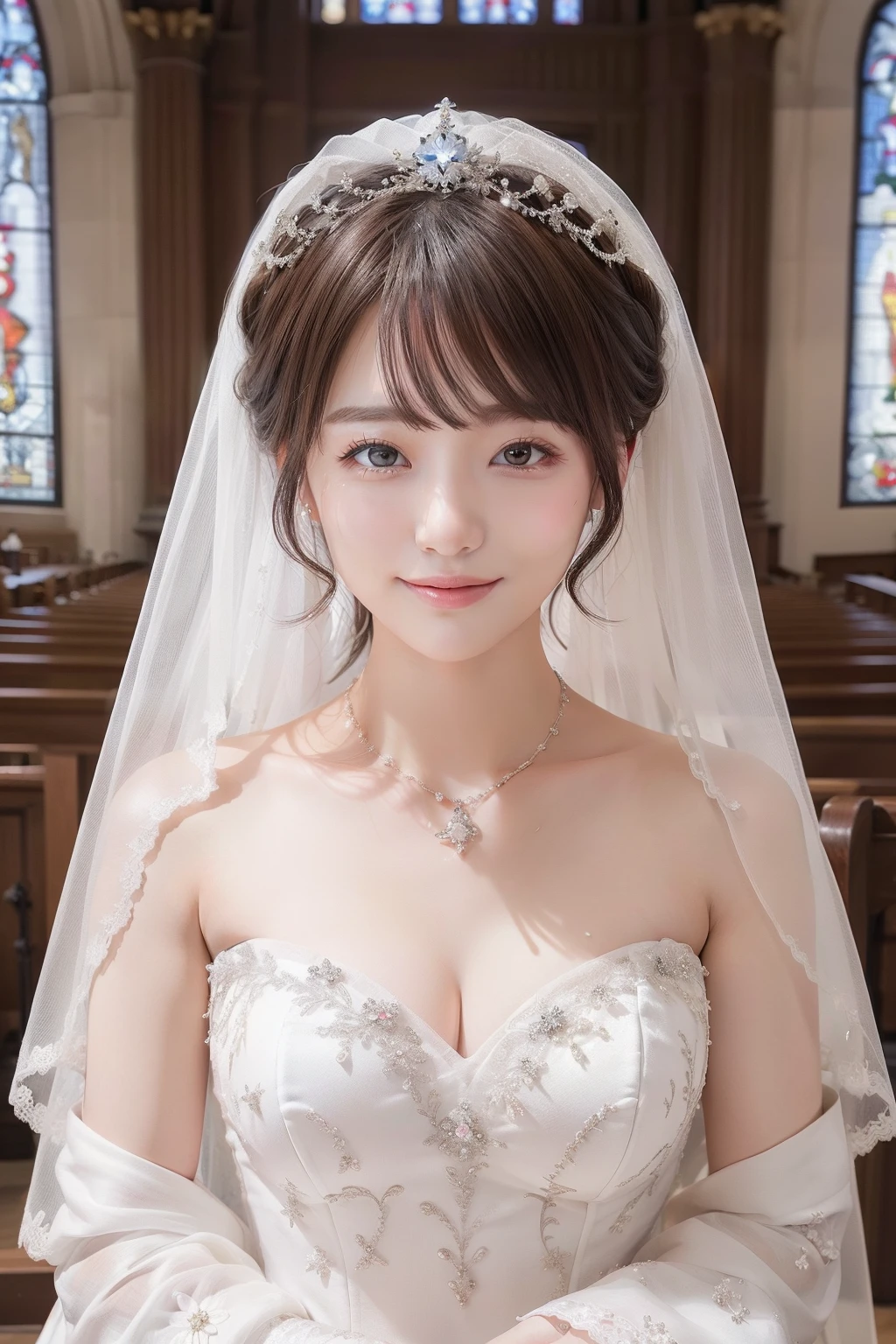 (Best quality: 1.5), (Realistic: 1.5), (1 person: 1.5), (Medium shot: 1.5), Highly detailed, High resolution, 8k, Medium breasts, Natural colored lips, Cute smile, Japanese woman, 20-year-old girl, beautiful and elegant features, perfect and beautiful face, large eyes with good balance between the left and right sides, brunette eyes, beautiful and elegant features, beautiful double eyelids, natural bangs, beautiful thin nose, beautiful skin, fair skin, (medium bob hair), natural bangs, perfect and beautiful face, slim face and figure, (looks at the camera with a sweet smile), bright lighting, professional lighting, forward lighting, princess line wedding dress, best Wearing a luxury tiara (wearing a pure white off-shoulder wedding dress), beautiful stained glass, cathedral, holding a bouquet, (luxury wedding dress), lace white gloves, bridal tiara, bridal veil,