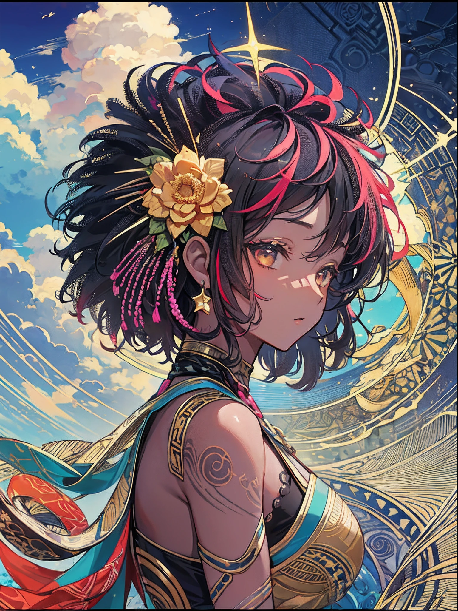 (​masterpiece、top-quality、top-quality、afrocentricpaiting(afro)、african-american completion Official Art、Beautifully Aesthetic dark skin:1.2)、african-american features(1girl in:1.3)、(Fractal art:1.3)、The upper part of the body、from side、looking at the viewers、afrocentric patterns、(rainbow-colored hair、african ink、​​clouds、starrysky、stele、Rough kanji、