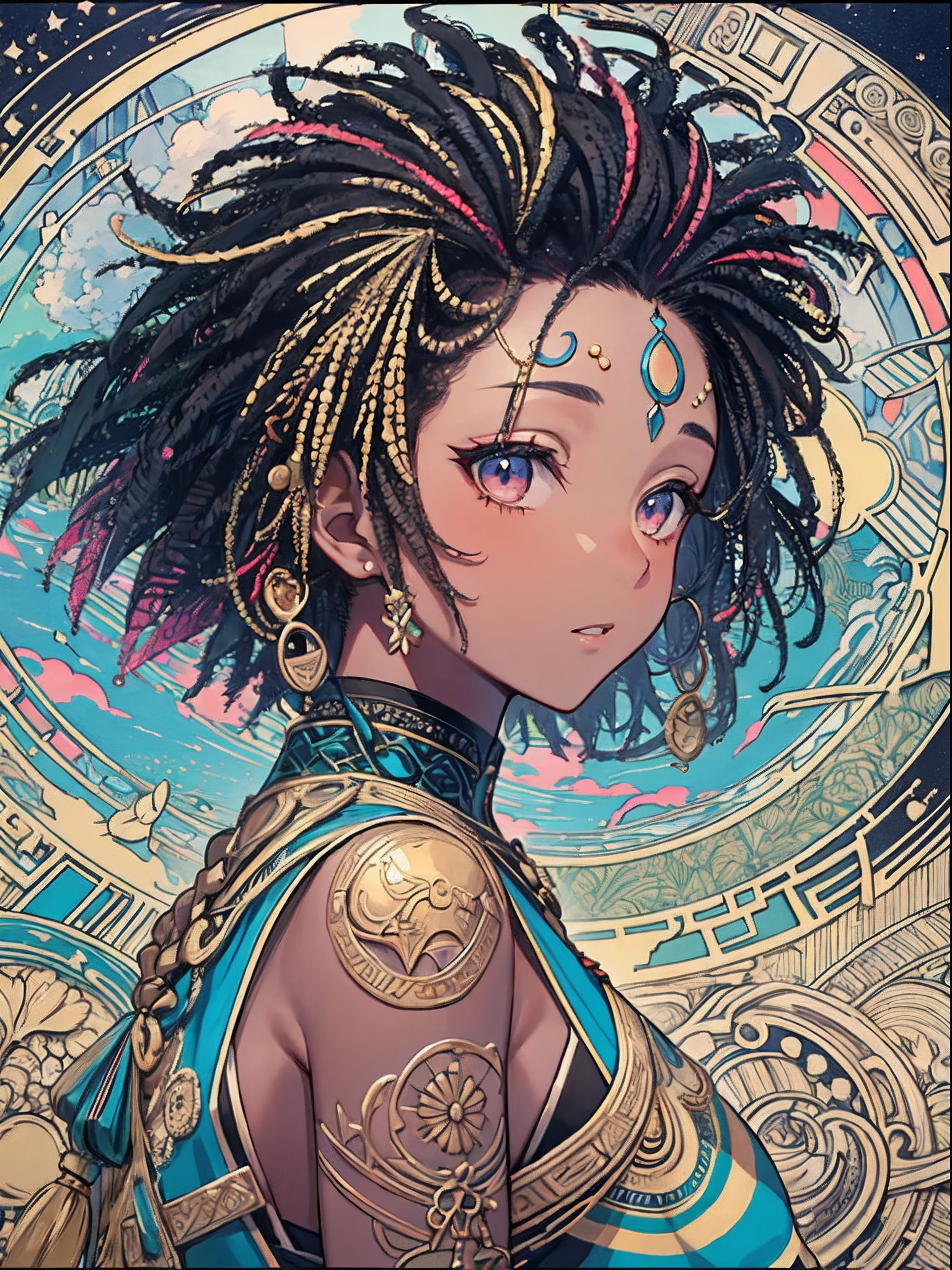 (​masterpiece、top-quality、top-quality、afrocentricpaiting(afro)、african-american completion Official Art、Beautifully Aesthetic dark skin:1.2)、african-american features(1girl in:1.3)、(Fractal art:1.3)、The upper part of the body、from side、looking at the viewers、afrocentric patterns、(rainbow-colored hair、african ink、​​clouds、starrysky、stele、Rough kanji、