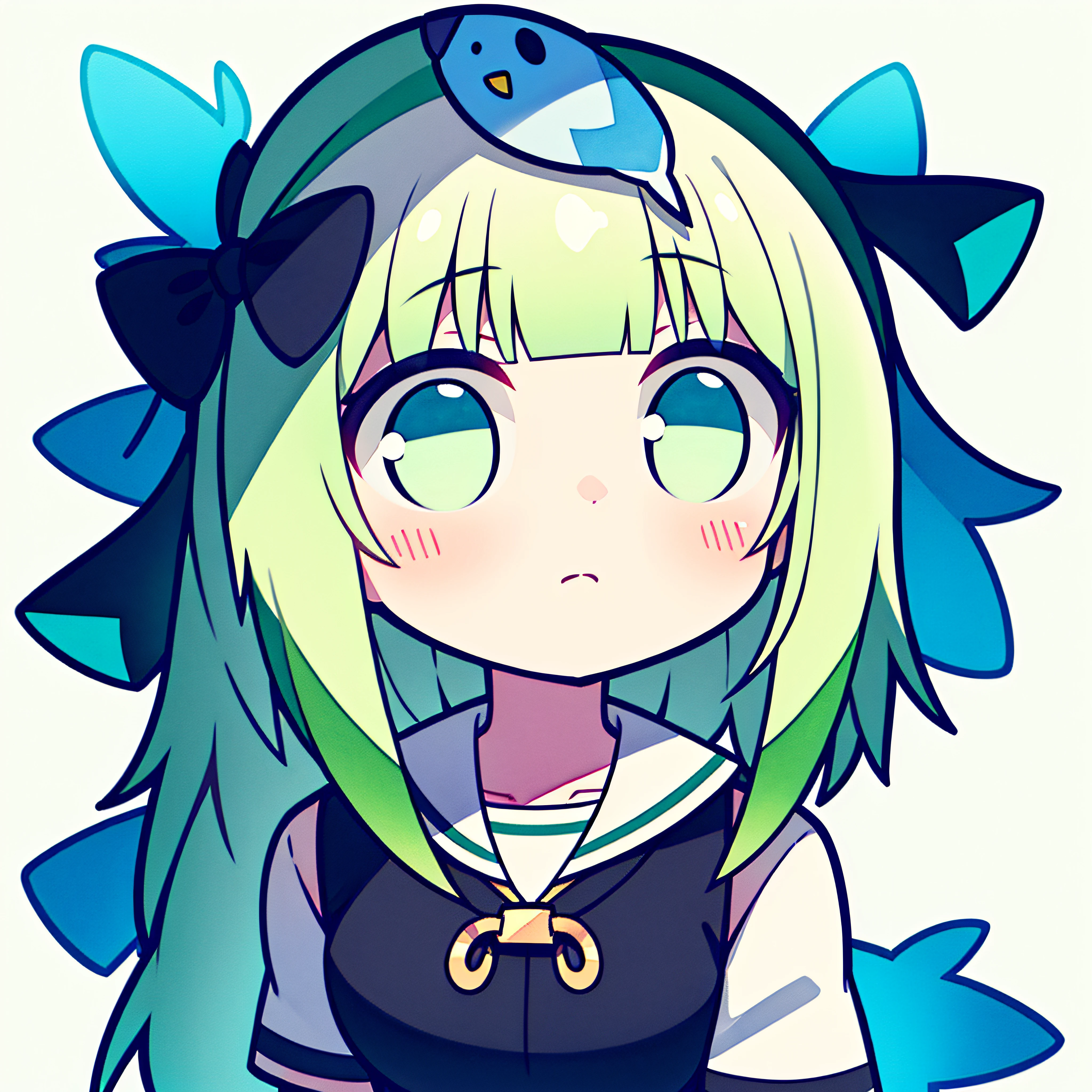 fish on the head, solo, 1 girl, looking at viewer, upright, concept art, blunt bangs, white background, simple background, white hair, green gradient hair, short sleeves, watercolor pencil, expressionless, blush, virtual youtuber