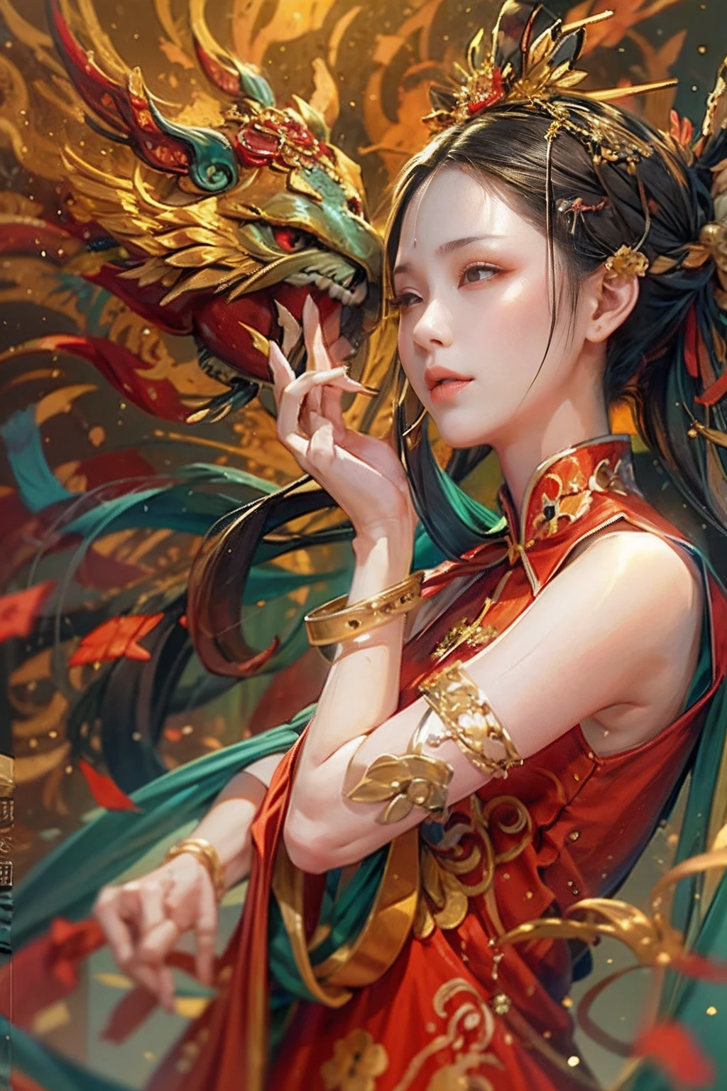 A woman in a red Chinese costume stands next to a supercar,Exquisite phoenix crown,anatomy correct,A detailed eye, 二重まぶた,Whiten skin,delicate patterned,Oriental elements,Ink painting style, Clean colors,Golden space, Soft lighting, ( Bokeh),Masterpiece, Super detailed, Epic composition, Highest quality, 4K