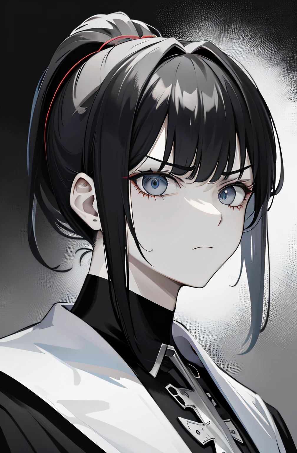 High ponytail,M bangs,orthofacial,scowling,Adult Male
