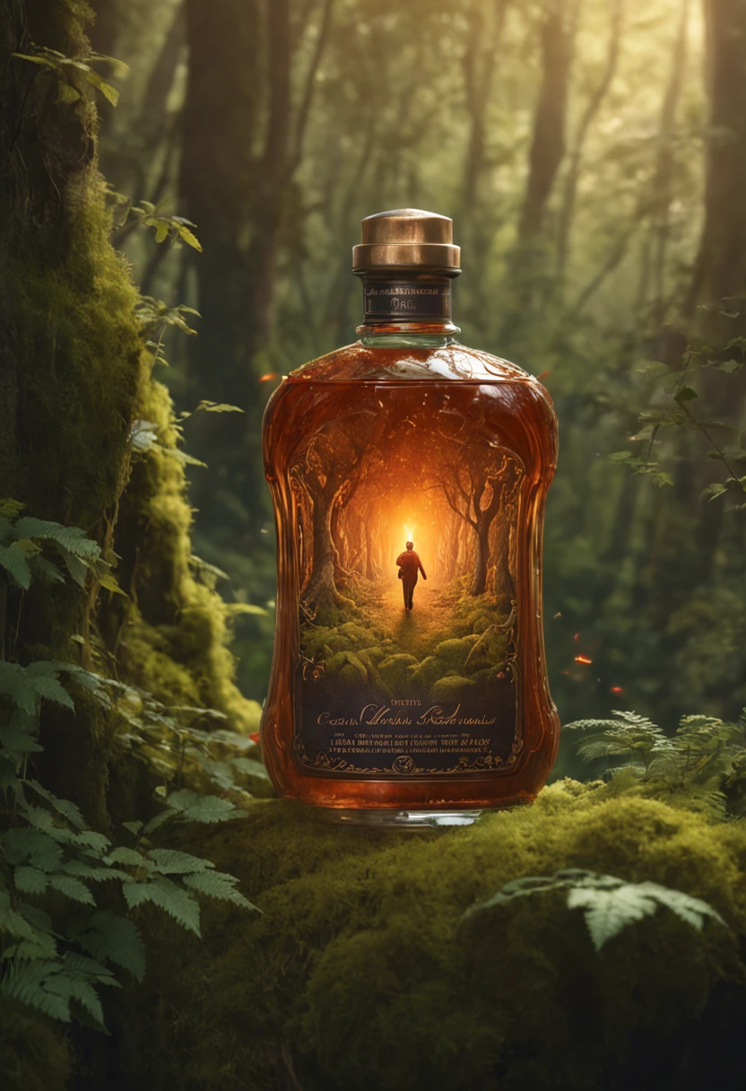 There is a painting of cognac bottle in the forest, arte de fantasia peluda, fantasia raposa amor, Beeple e Jeremias Ketner, arte peluda muito bonita, Cyril Rolando e Goro Fujita, Directed by: Ryan Yee, Artgerm e Atey Ghailan, anime exuberante john 8k madeiras, anthropomorphic furry art