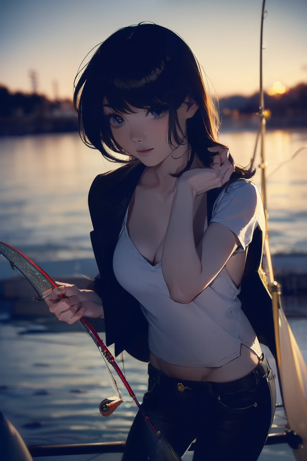 ((((casting a lure and having fishing rod with a reel by the lakeside:1.5)))),((Female 28 years old)),((Best Quality:1.5)),(((Hands with the correct number and structure of fingers:1.4))),((Big fish:1.37)),hight resolution,ultra-detailliert,masterpiece,best qualtiy,(Eight-headed body),Black hair, long eyes-lashes, Solid Circle Eyes, drop shadow, Atmospheric perspective,Super Detail, ccurate, small brest,(Black jacket and black jeans :1.1),top-quality, blurry backround, bokeh dof:1.2, (masterpiece:1.3), Atmospheric perspective,Super Detail,dynamic compositions,