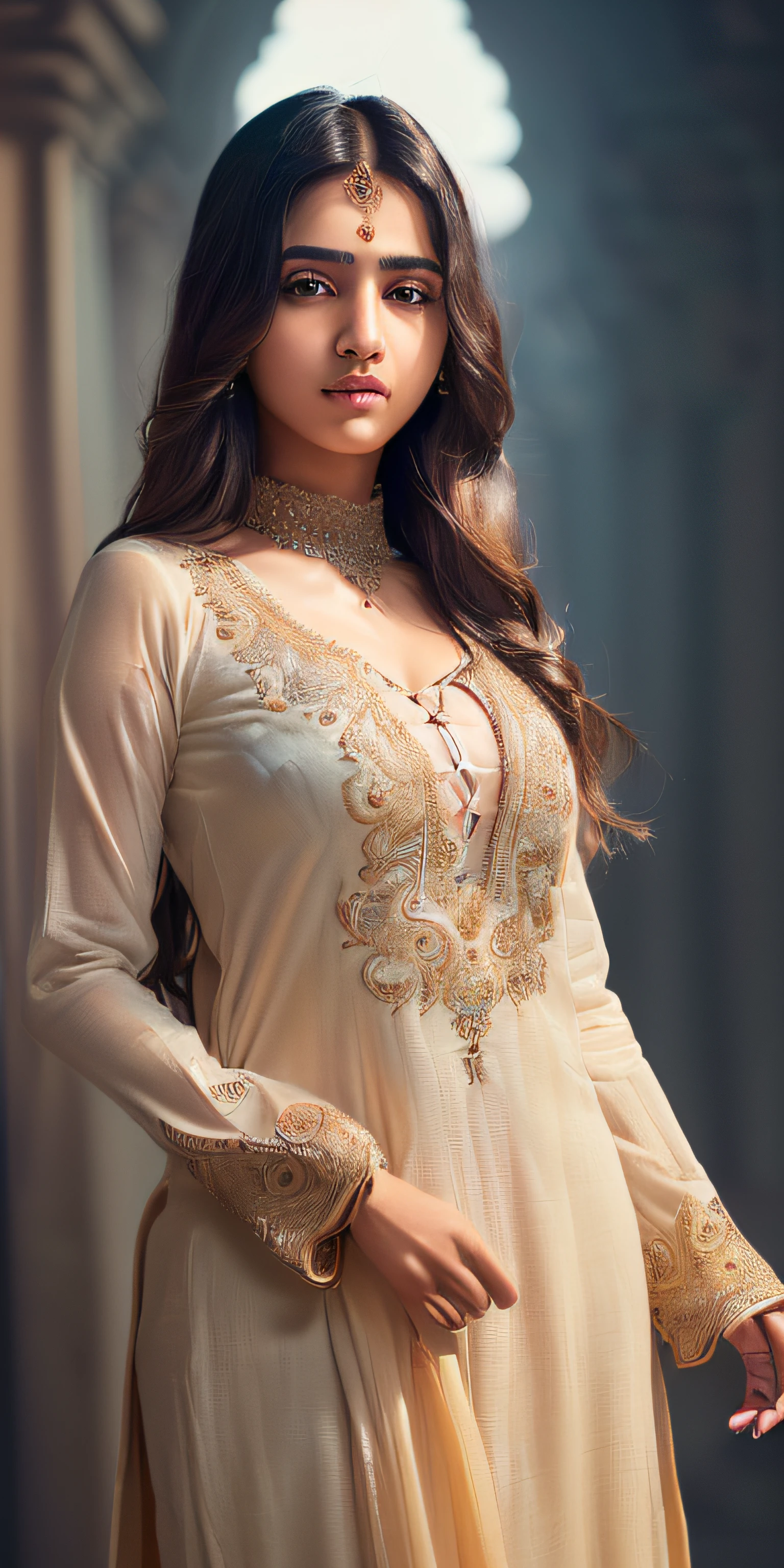 (extremely detailed CG unity 8k wallpaper:1.5),<(masterpiece:1.5), (best quality:1.7), high resolution illustration, (finely detailed eyes and detailed face:1.3), (detail:1.3, best quality, (ultra-detailed), (an extremely delicate and beautiful), (illustration), (painting),(masterpiece:1.5),cinematic light,dynamic angle,floating,sharp focus,(2d:1.7), (best quality:1.3),(illustration:1.1),((disheveled hair:1.2),(beautiful detailed eyes:1.1),(cinematic light:1.1), Indian  girl, wearing salwar kamiz, full , medium breast , charming face , seductive pose