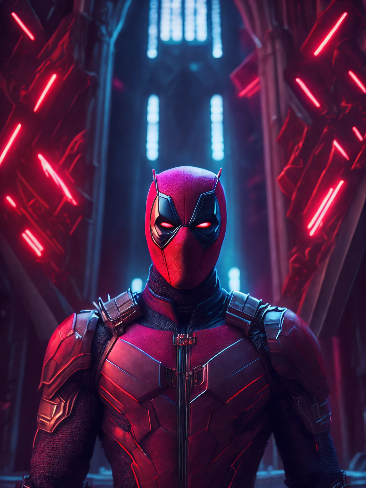 grim portrait of Deadpool from Marvel with intricate angular cybernetic implants inside a brutalist building, gothic brutalist cathedral, cyberpunk, award-winning photo, bokeh, neon lights, cybernetic limb