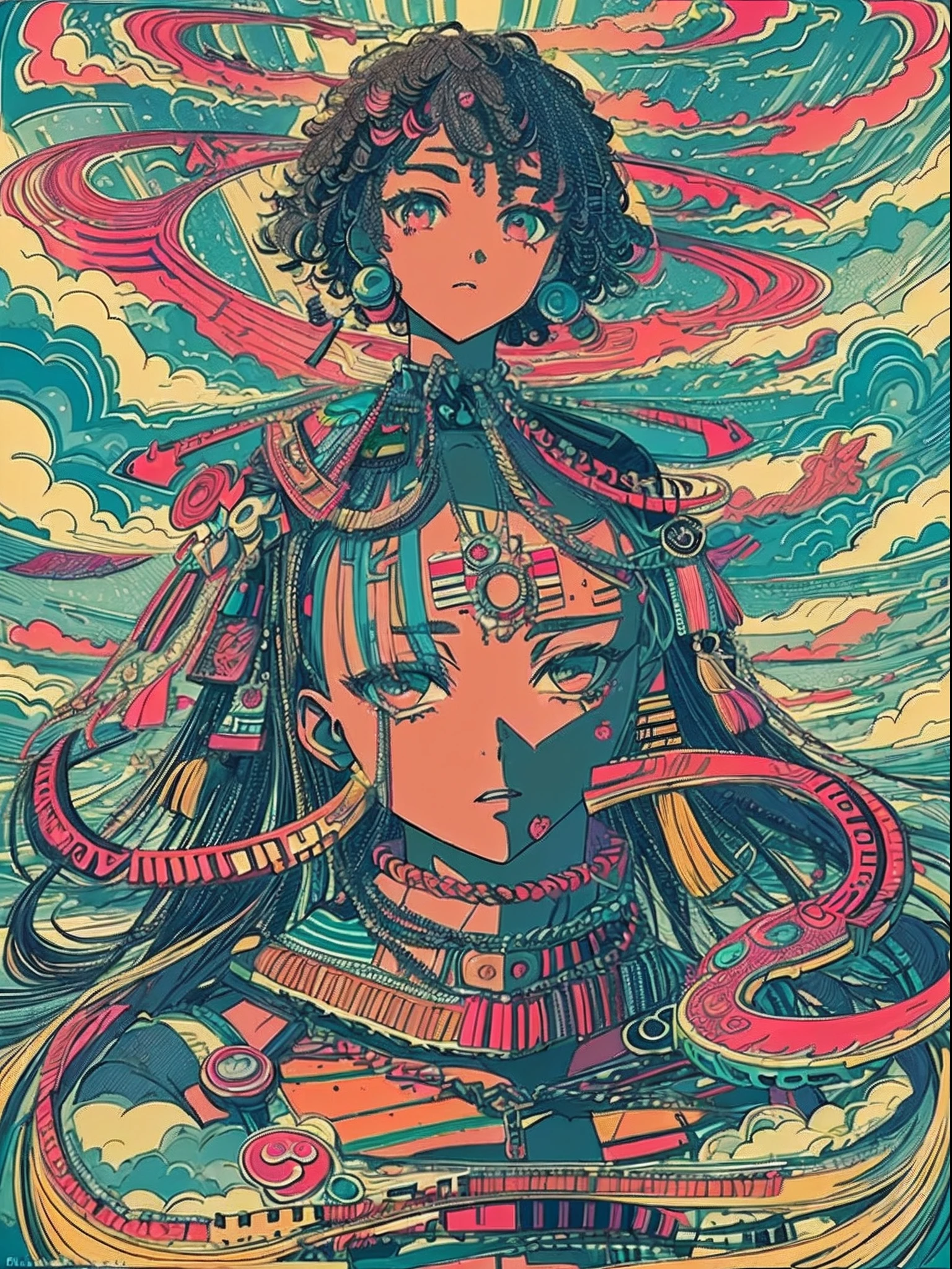 (masterpiece、top-quality、top-quality、afrocentricpaiting(afro)、african-american completion Official Art、Beautifully Aesthetic dark skin:1.2)、(1girl in:1.3)、(Fractal art:1.3)、full body、looking at the viewers、patterns、(rainbow-colored hair、colourful hair、african ink、clouds、starrysky、stele、Rough kanji、